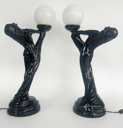 Large Art Deco Le Verrier' Style Ceramic Table Lamps, Frosted Glass Shades, Pair