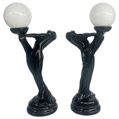 Large Art Deco Le Verrier' Style Ceramic Table Lamps, Frosted Glass Shades, Pair