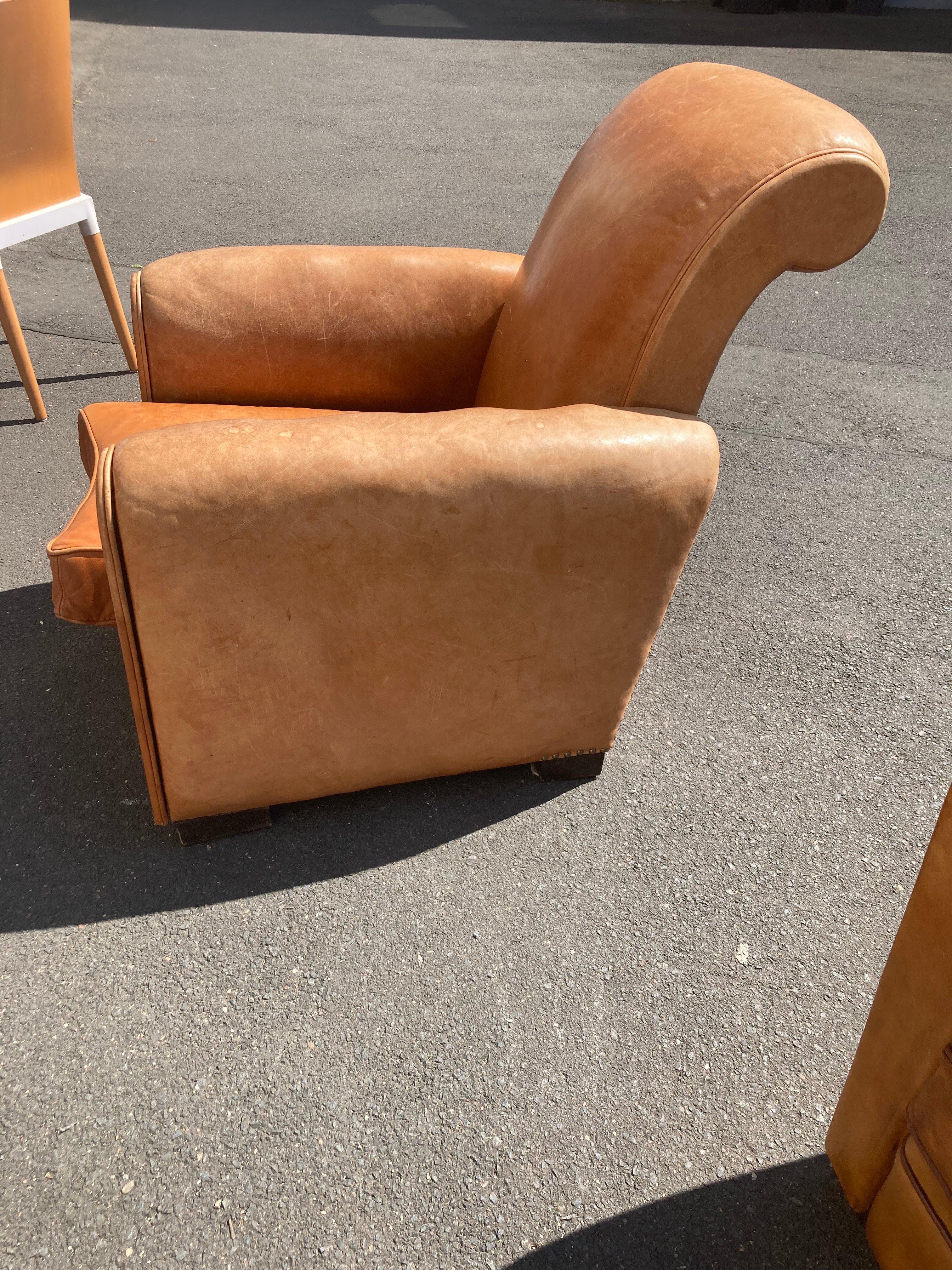 French Large Art Déco Leather Club Chair. France 1930s. For Sale