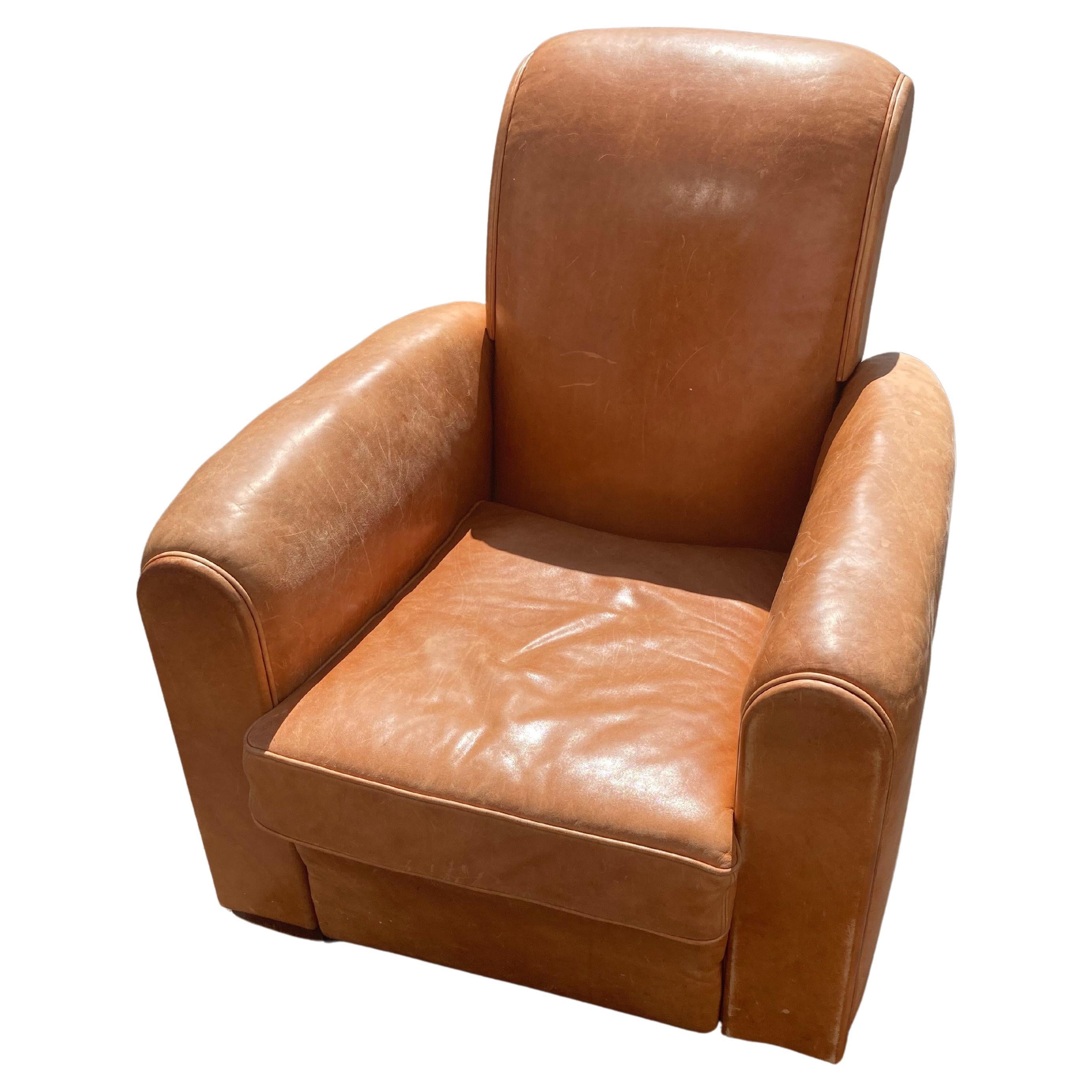 Large Art Déco Leather Club Chair. France 1930s. For Sale