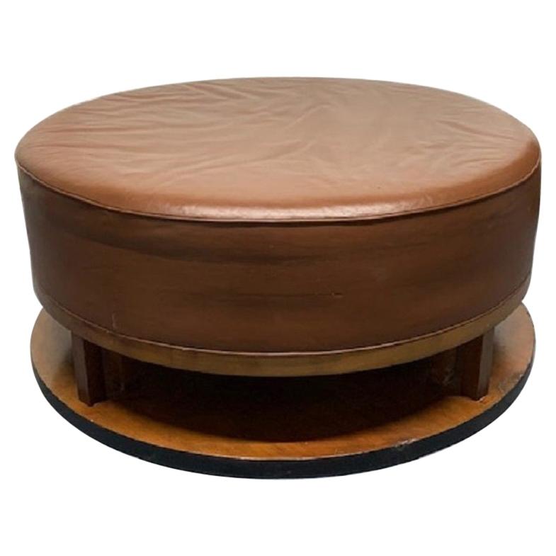 Grand Pouf Art Déco en Cuir et Noyer