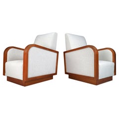 Large Art Deco Lounge Chairs in Oak 
Reupholstered in Bouclé Fabric France 
30s