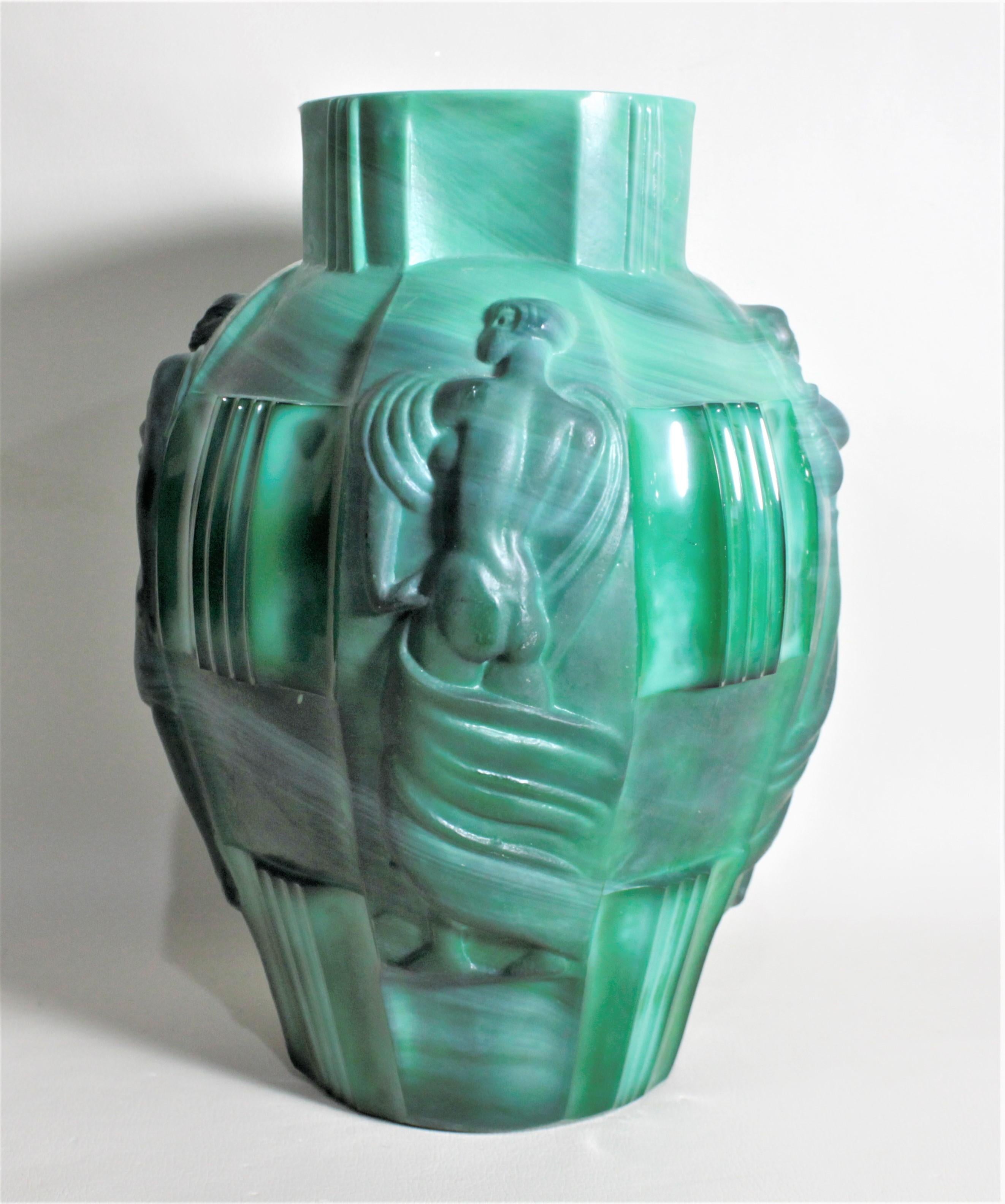 Glass Large Art Deco Malachite Vase with Neoclassical Figures