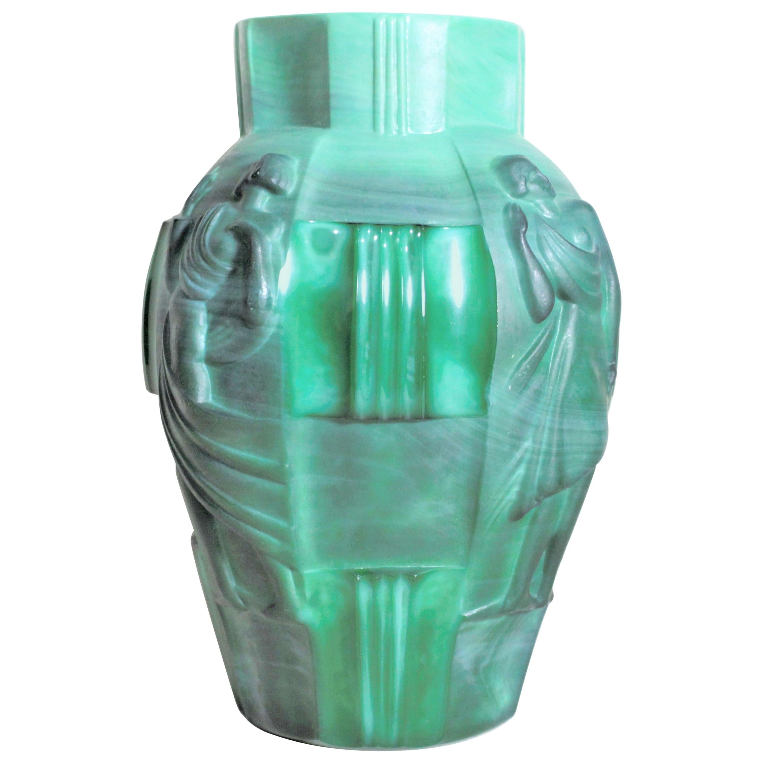 Large Art Deco Malachite Vase with Neoclassical Figures