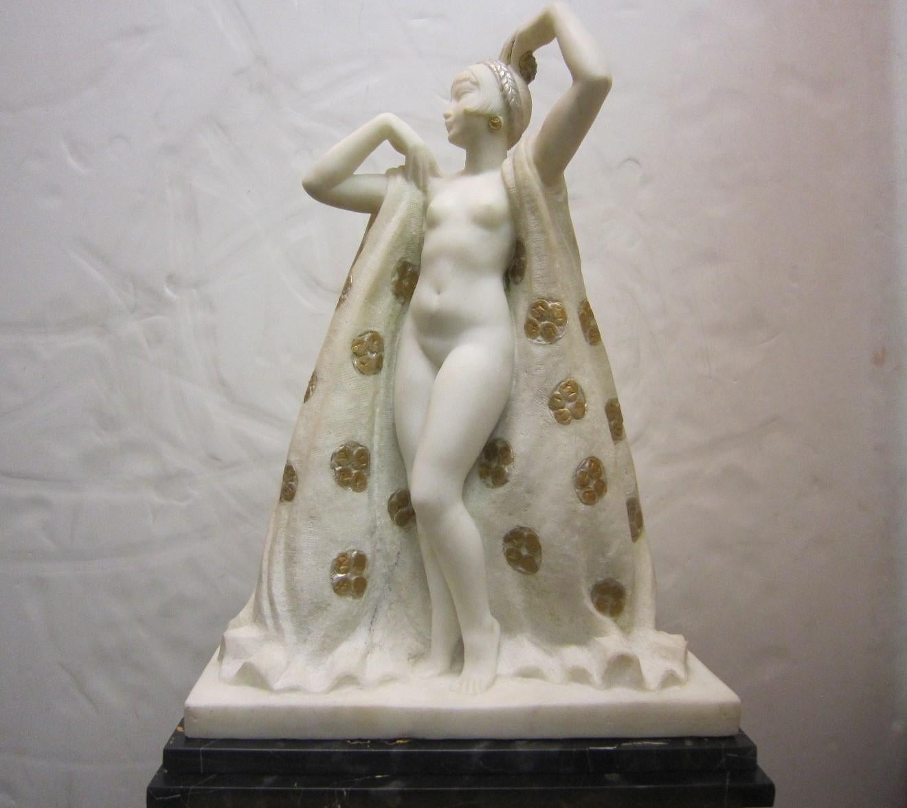 Large Art Deco Marble Sculpture of a Nude with Cloak, Signed Louis Botinelly 12