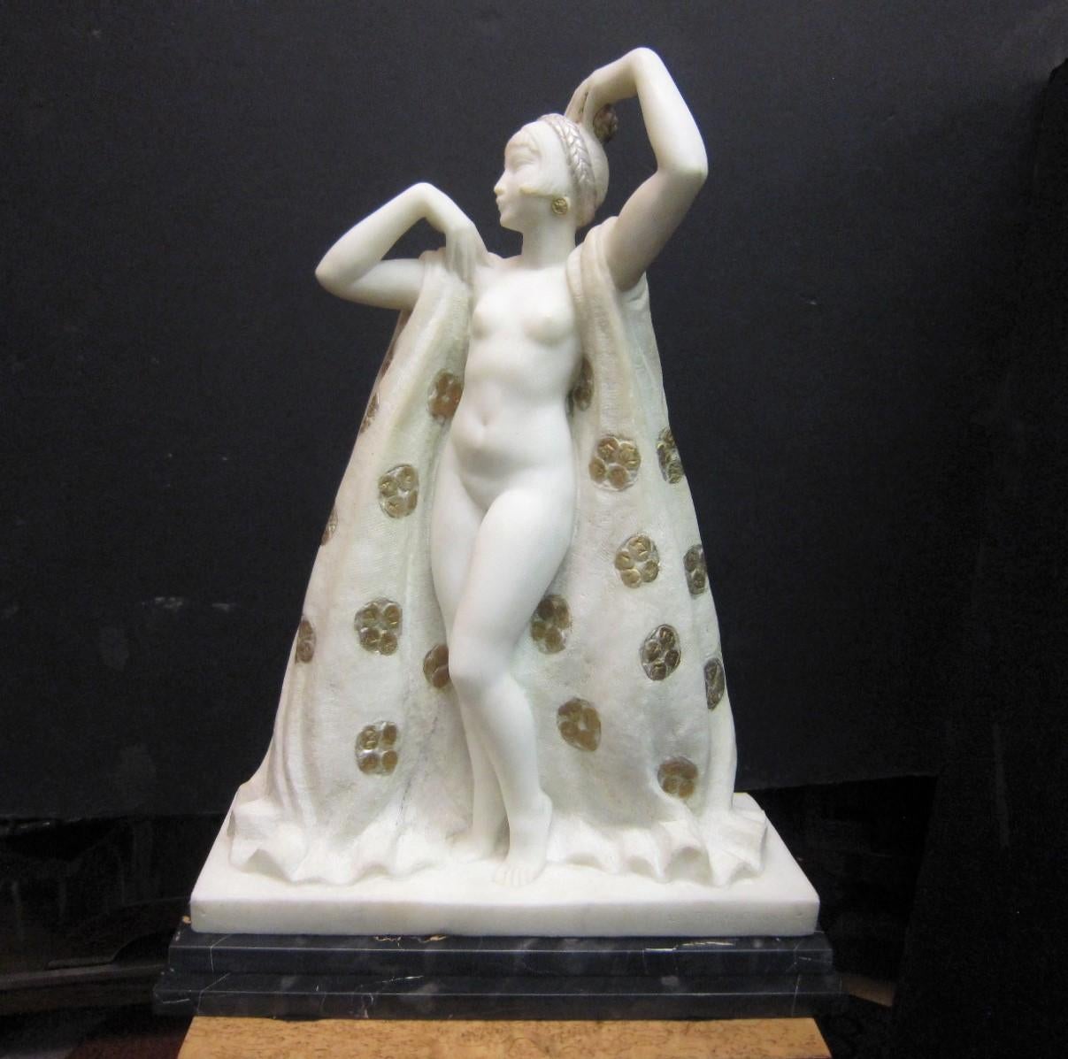 Large Art Deco Marble Sculpture of a Nude with Cloak, Signed Louis Botinelly 13