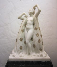 Large Art Deco Marble Sculpture of a Nude with Cloak, Signed Louis Botinelly