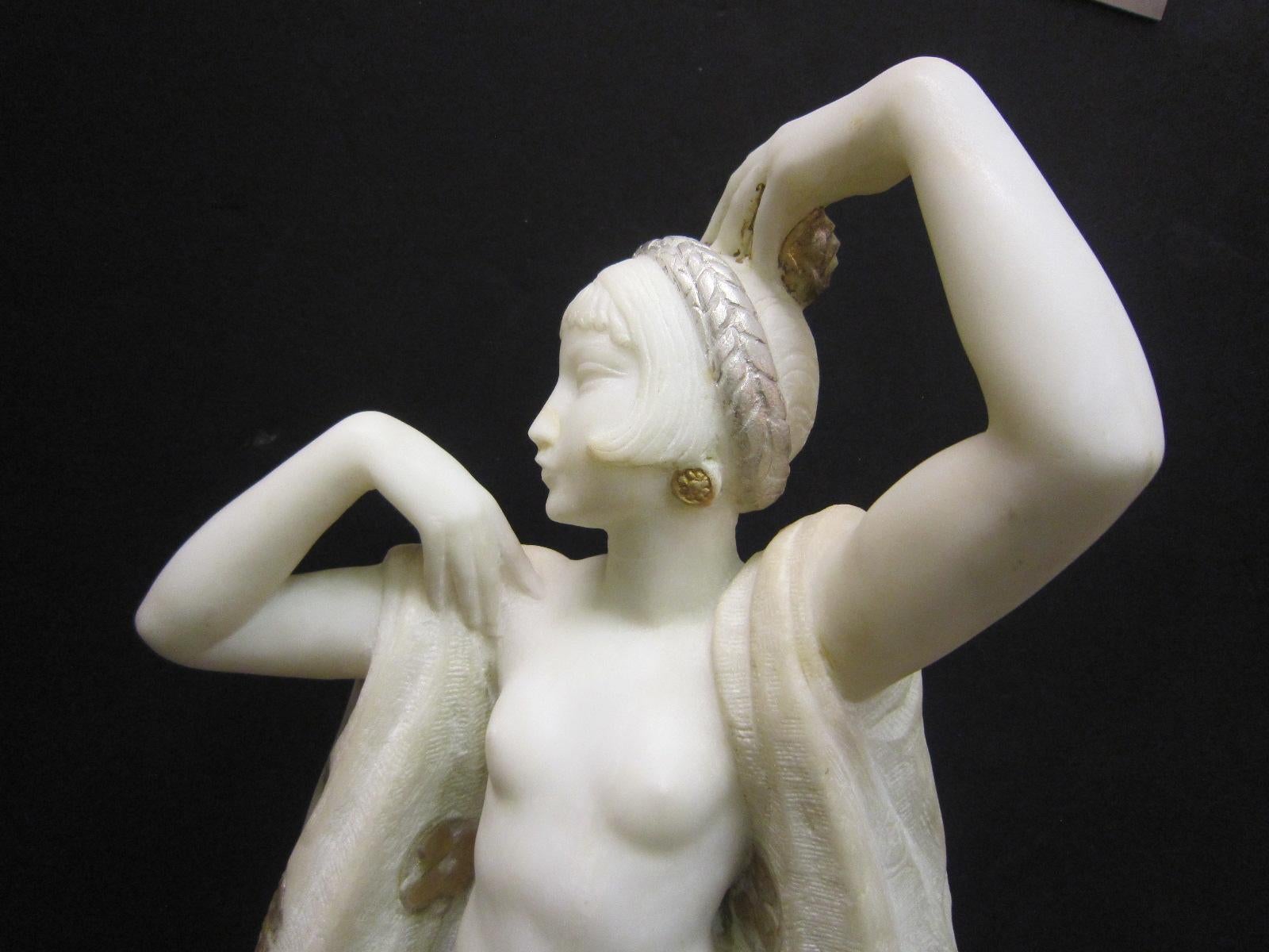 French Large Art Deco Marble Sculpture of a Nude with Cloak, Signed Louis Botinelly