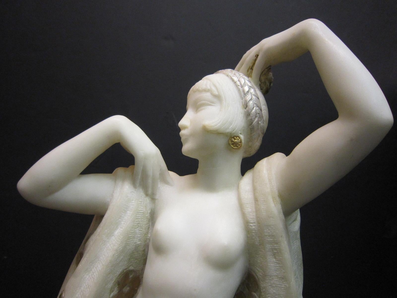 Large Art Deco Marble Sculpture of a Nude with Cloak, Signed Louis Botinelly 1