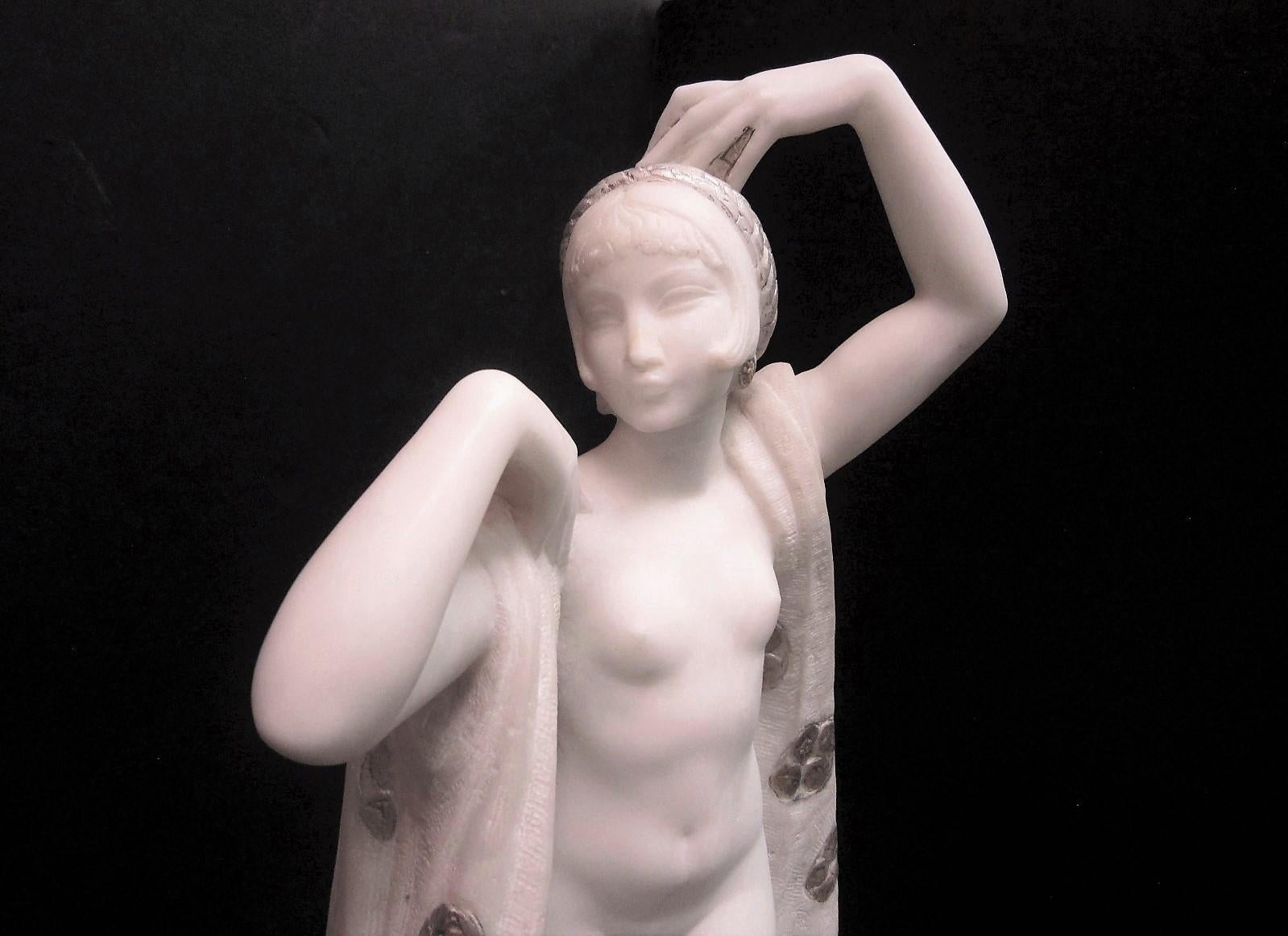 Large Art Deco Marble Sculpture of a Nude with Cloak, Signed Louis Botinelly 2