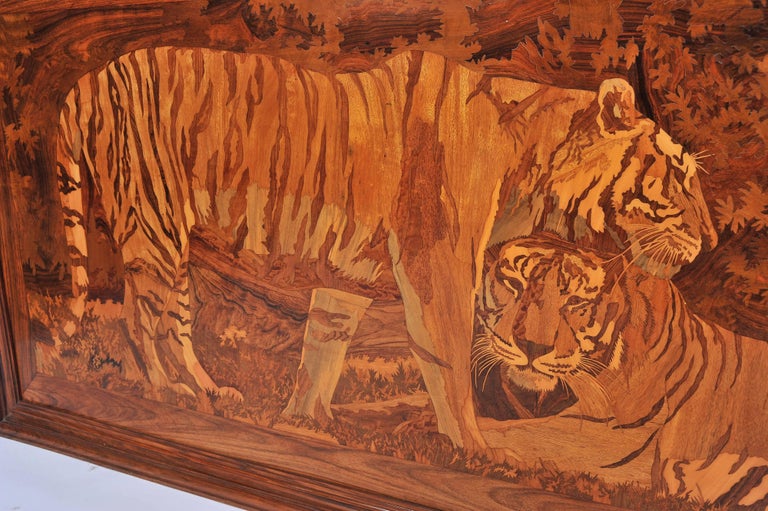 Large Art Deco Marquetry Inlaid Panel of Tigers For Sale at 1stdibs