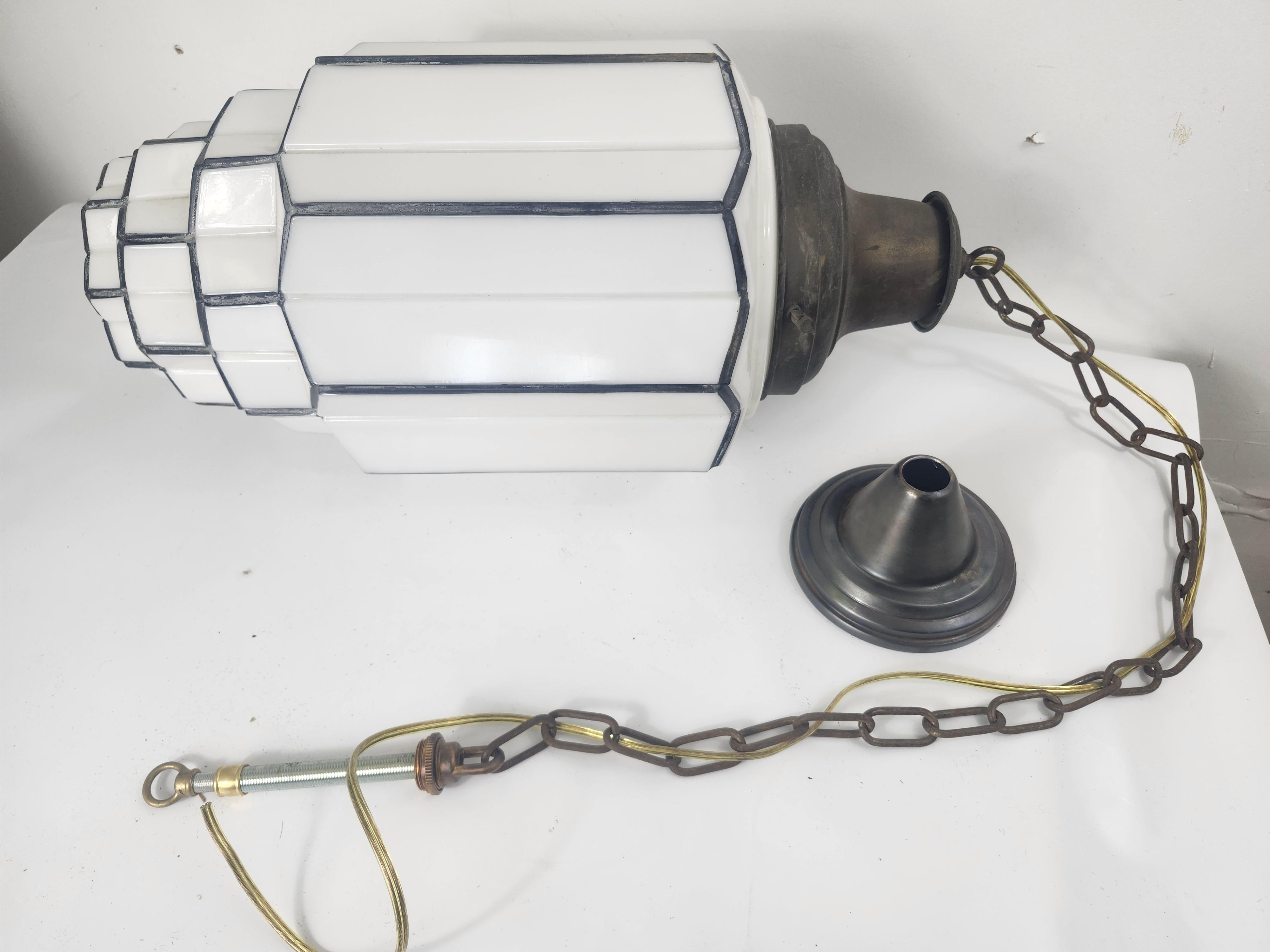 Large Art Deco Milk Glass Skyscraper Form Pendant Light C1930 #2 Rewired 3