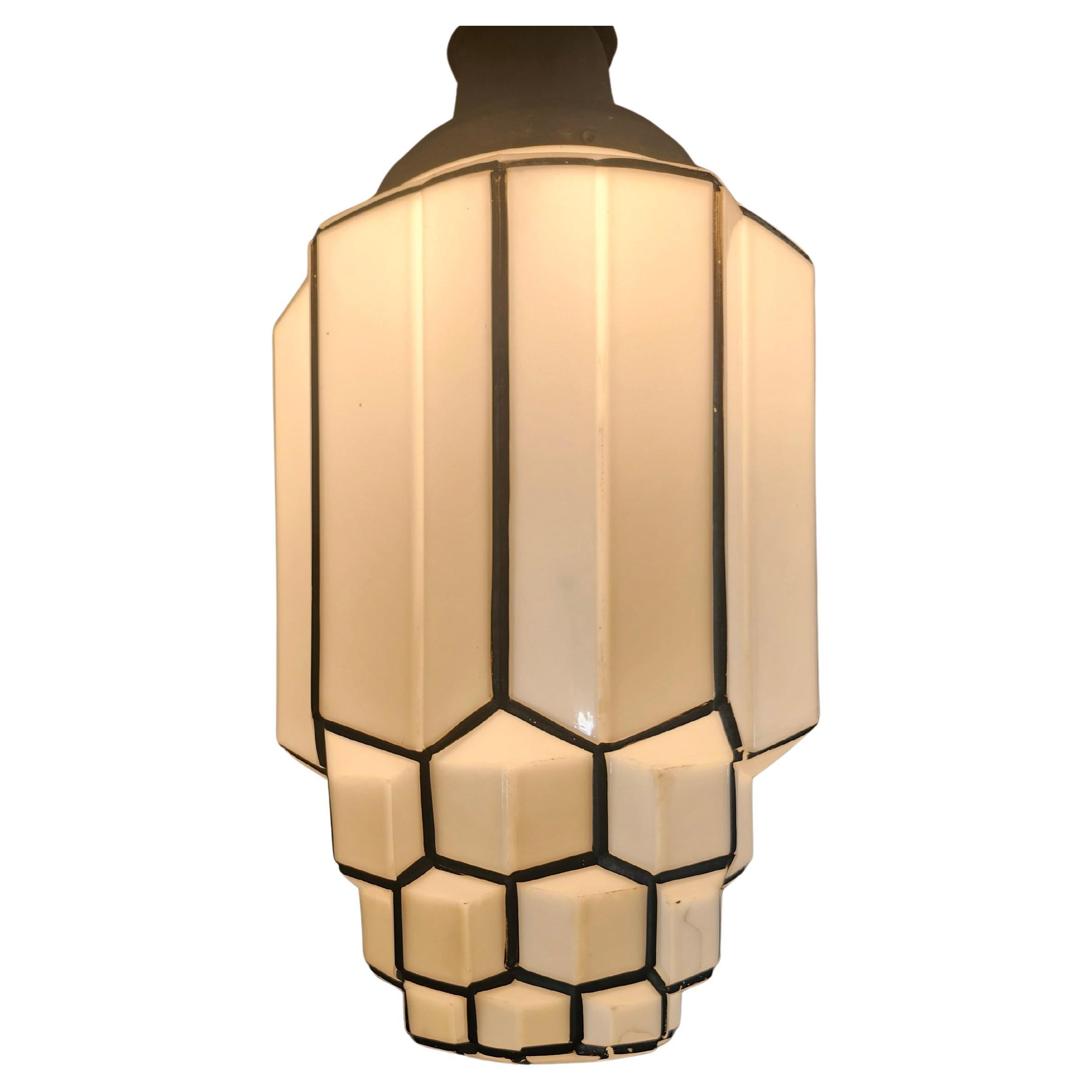 Molded Large Art Deco Milk Glass Skyscraper Form Pendant Light C1930 #2 Rewired