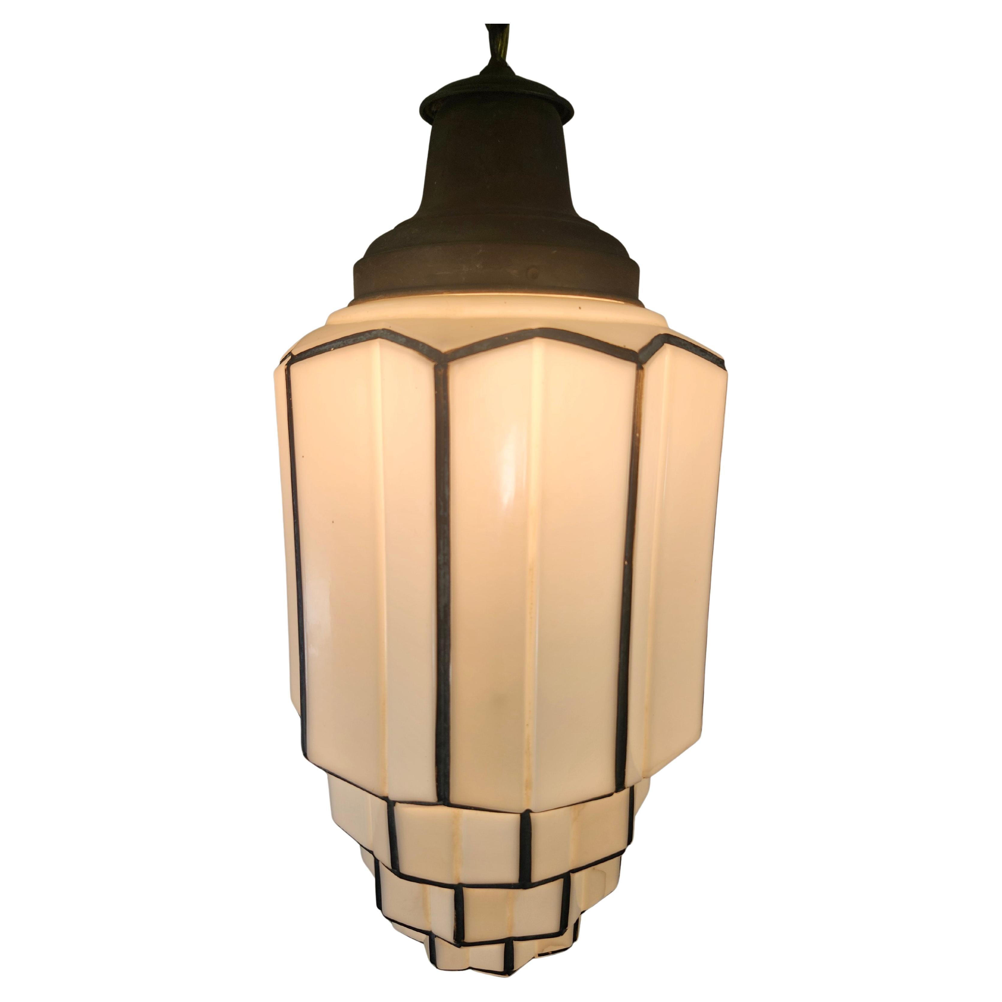 Metal Large Art Deco Milk Glass Skyscraper Form Pendant Light C1930 #2 Rewired