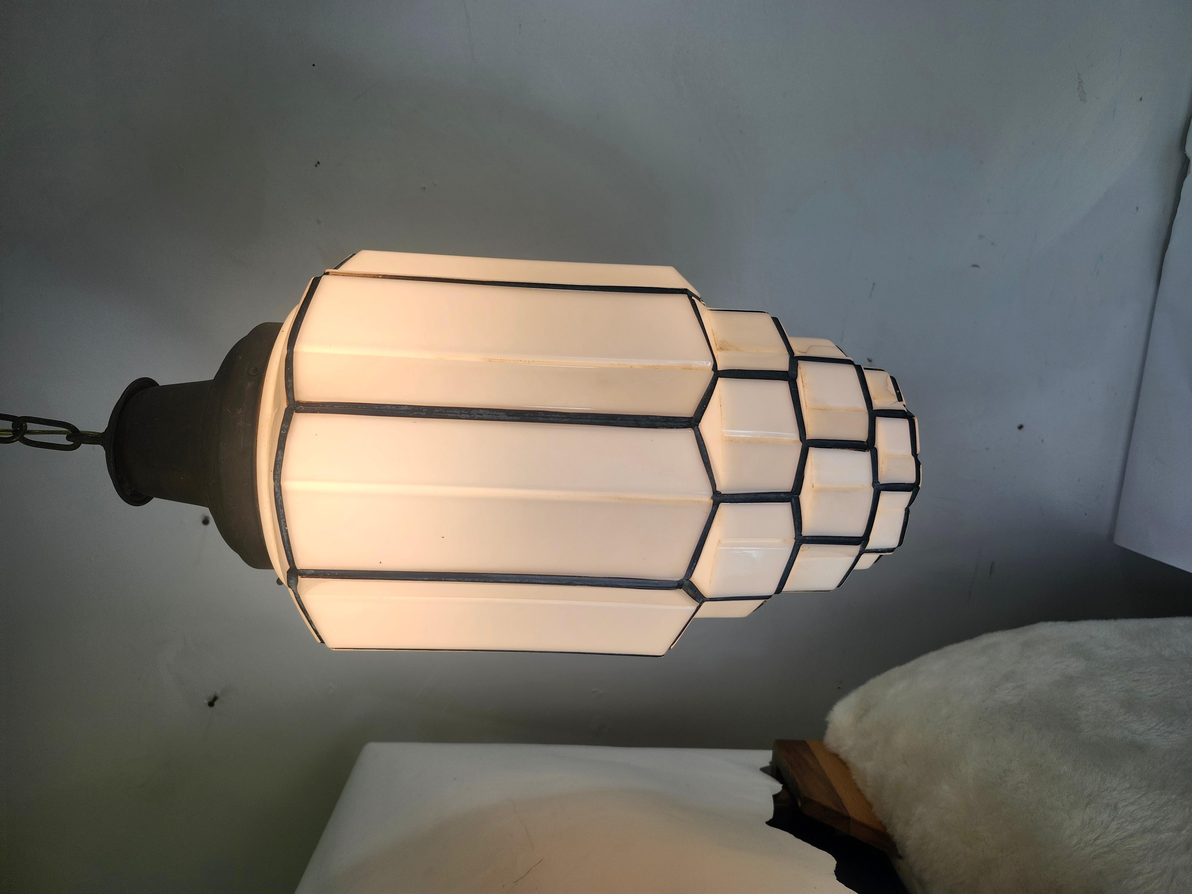 Large Art Deco Milk Glass Skyscraper Form Pendant Light C1930 #2 Rewired 1