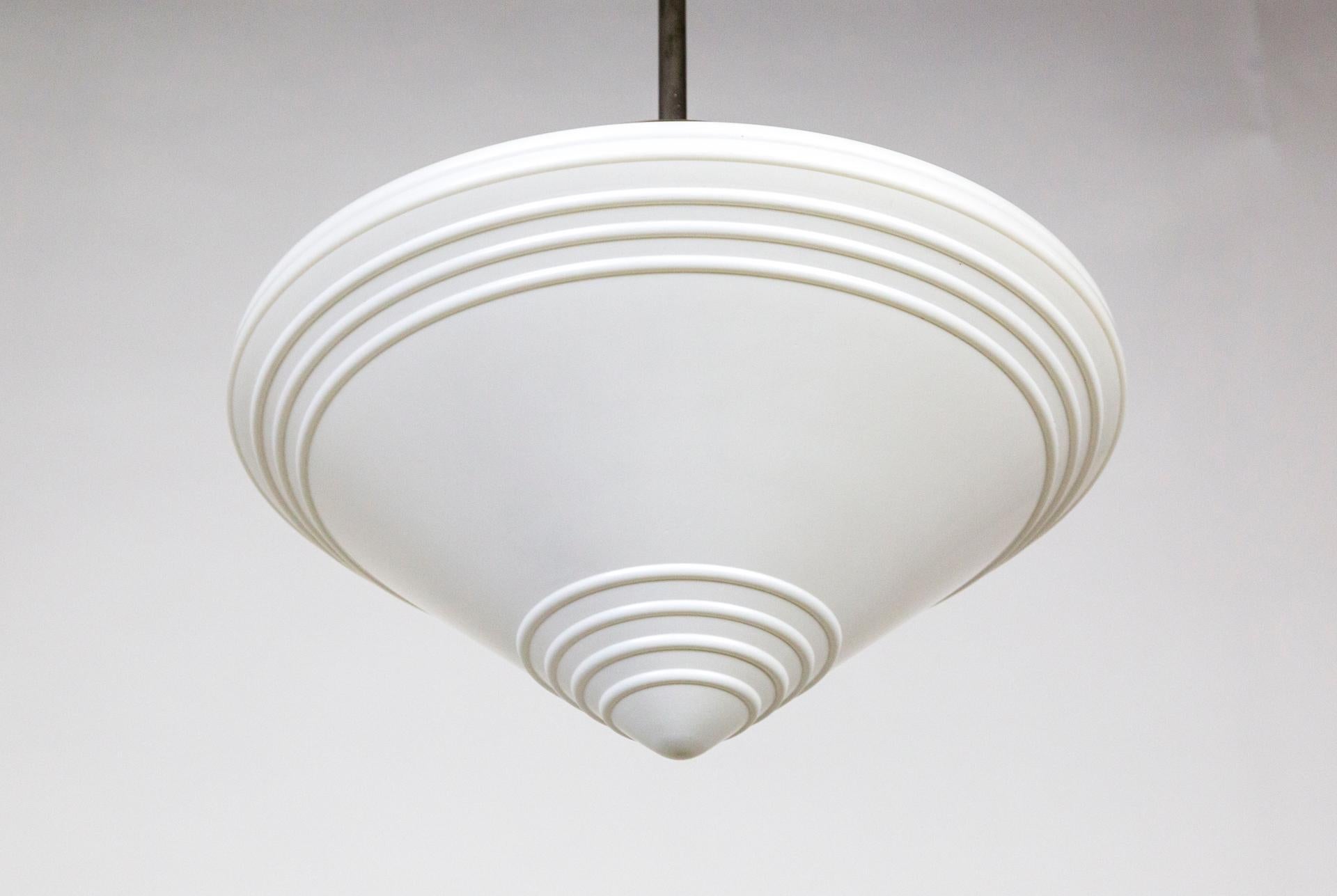 Large Art Deco Milk Glass Spinning Top Pendant In Good Condition For Sale In San Francisco, CA