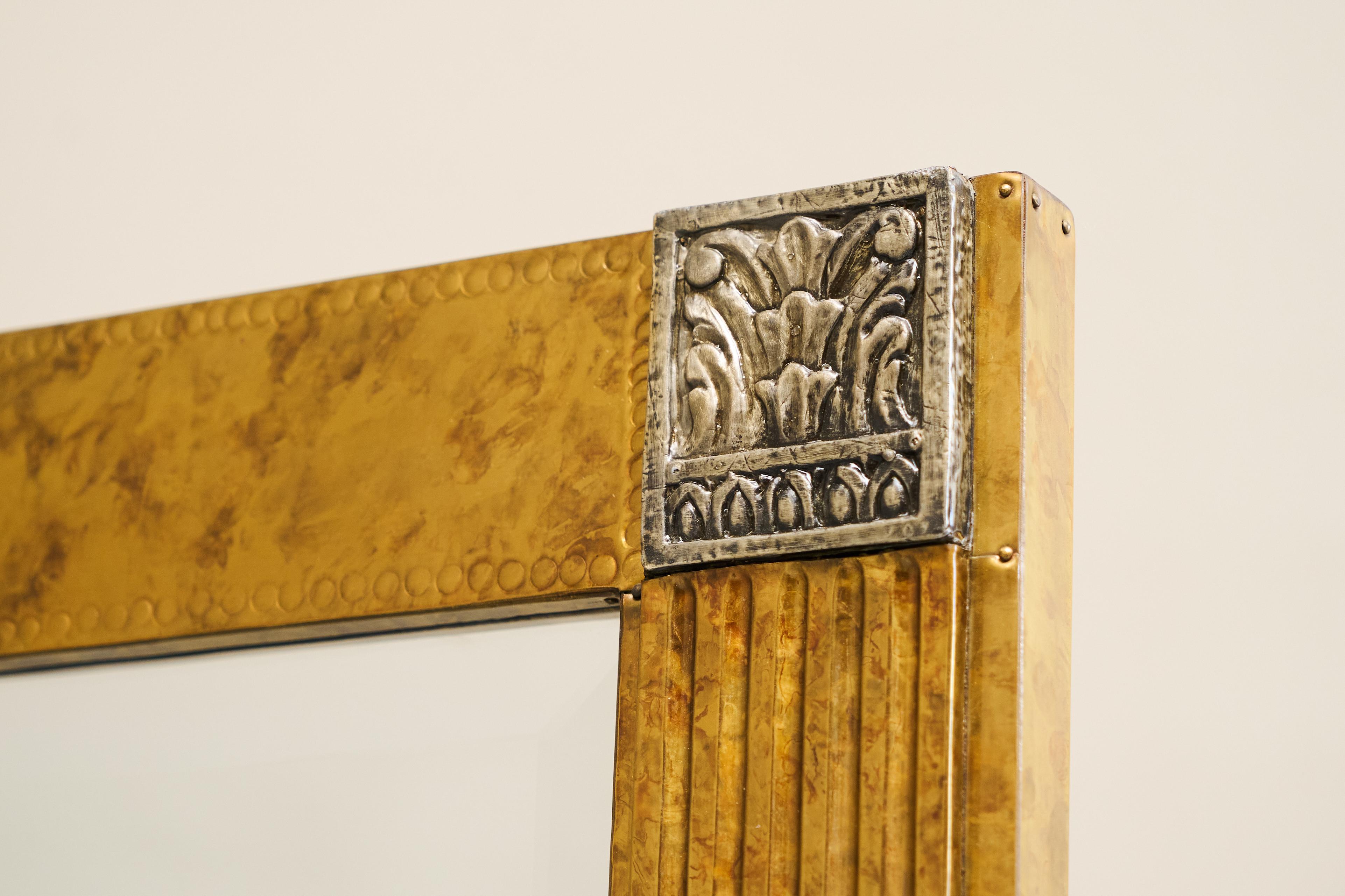 Hand-Crafted Large Art Deco Mirror in Patinated Brass with Facetted Mirror Glass 1960s For Sale