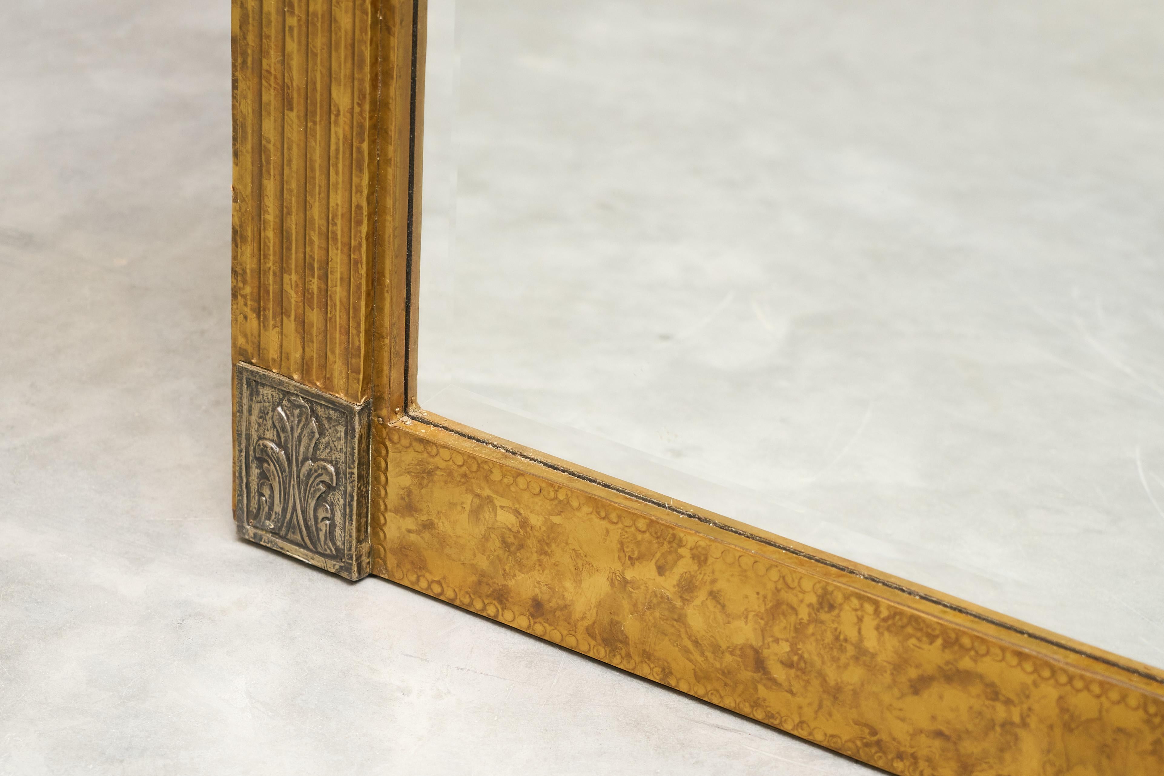 20th Century Large Art Deco Mirror in Patinated Brass with Facetted Mirror Glass 1960s For Sale