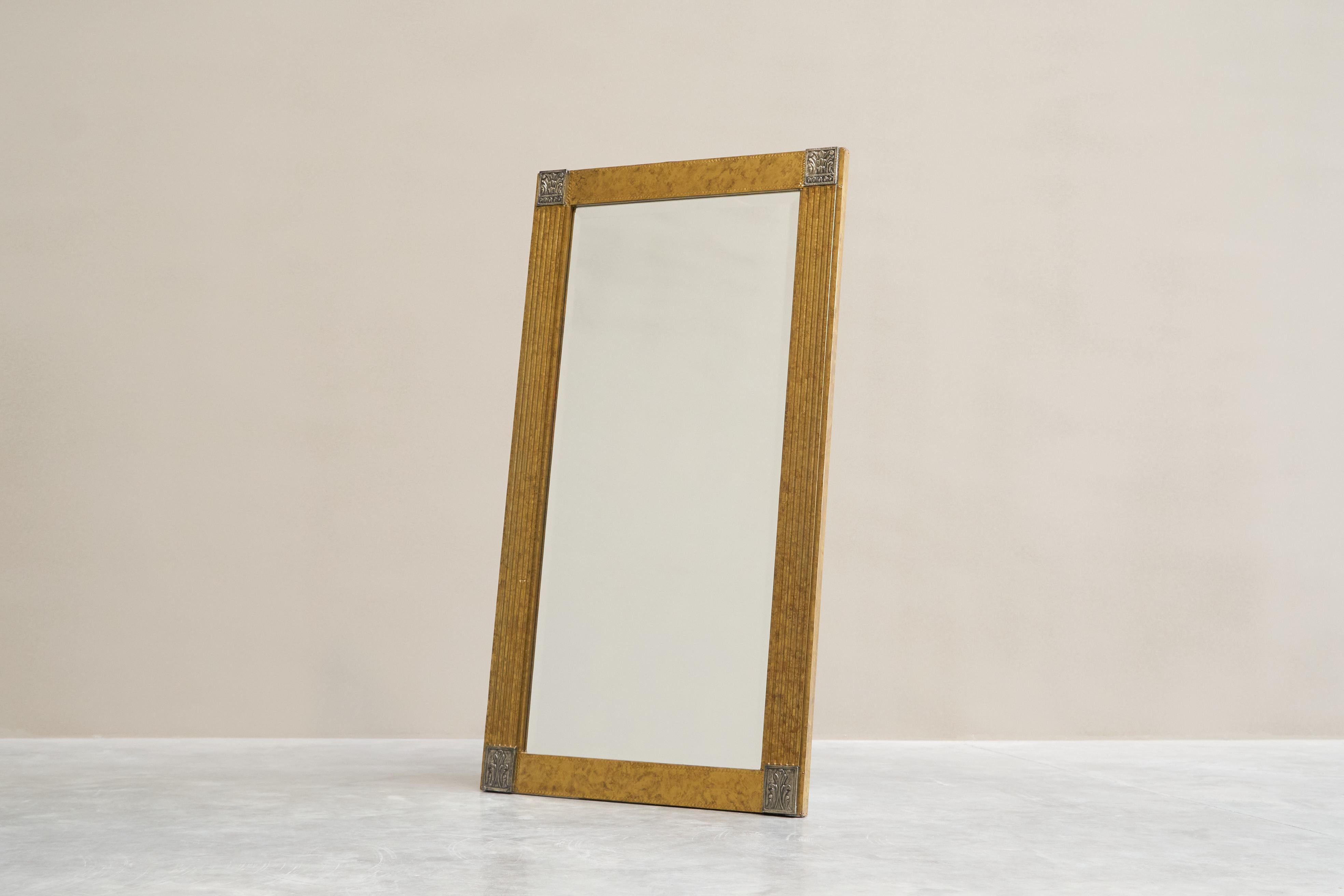 Large Art Deco Mirror in Patinated Brass with Facetted Mirror Glass 1960s For Sale 1