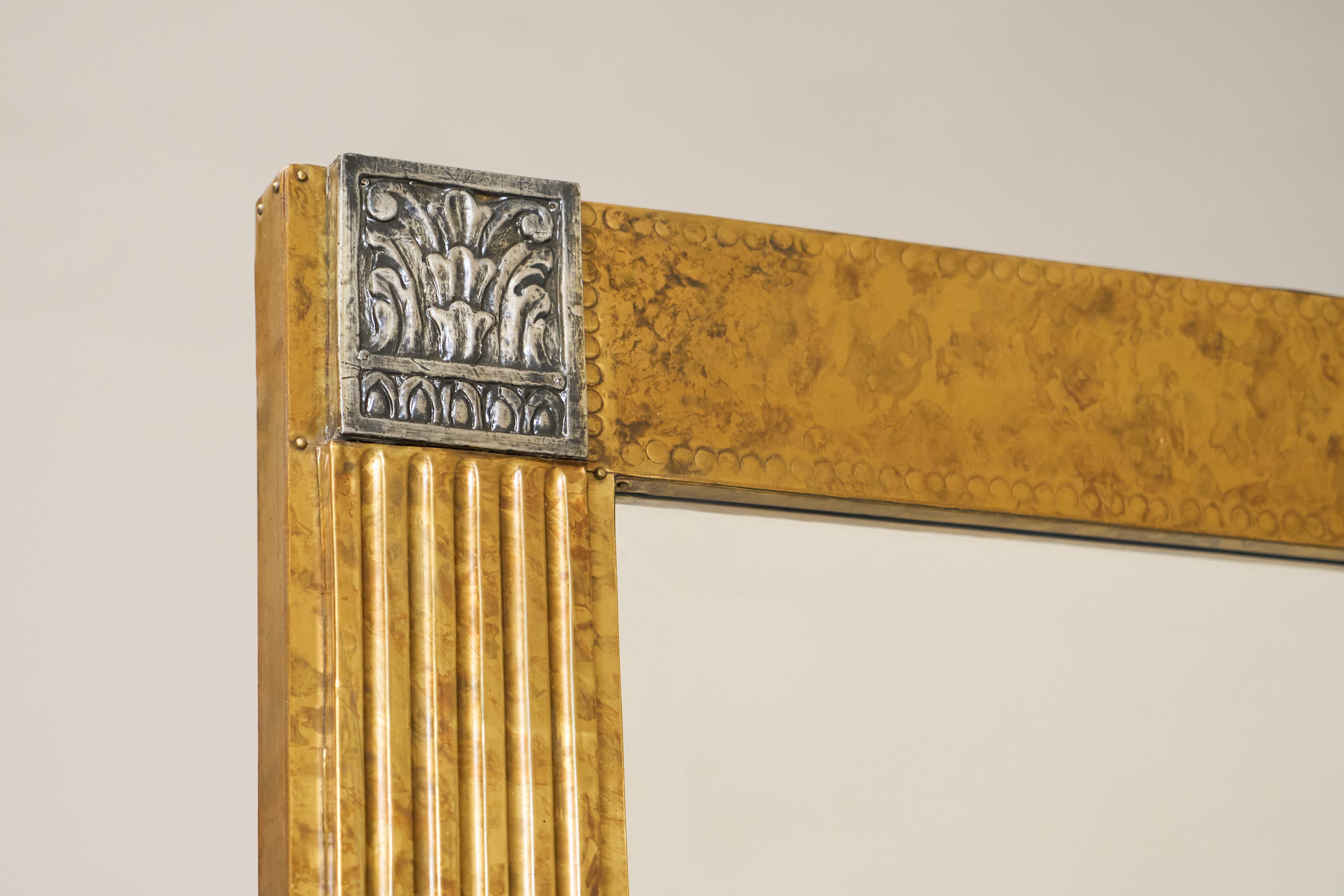 Large Art Deco Mirror in Patinated Brass with Facetted Mirror Glass 1960s For Sale 2