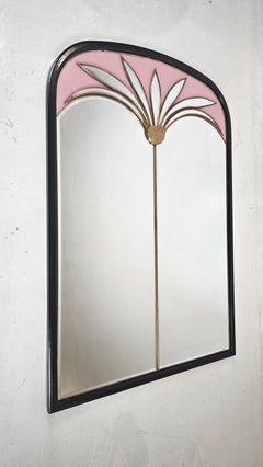 Large Italian Art Deco Mirror, Black Lacquer & Brass with Blush Pink Glass, 1970