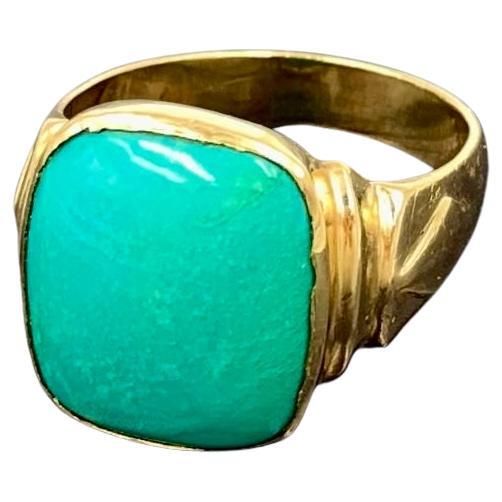 Large Art Deco Natural Turquoise 14K Yellow Gold Signet Ring 5