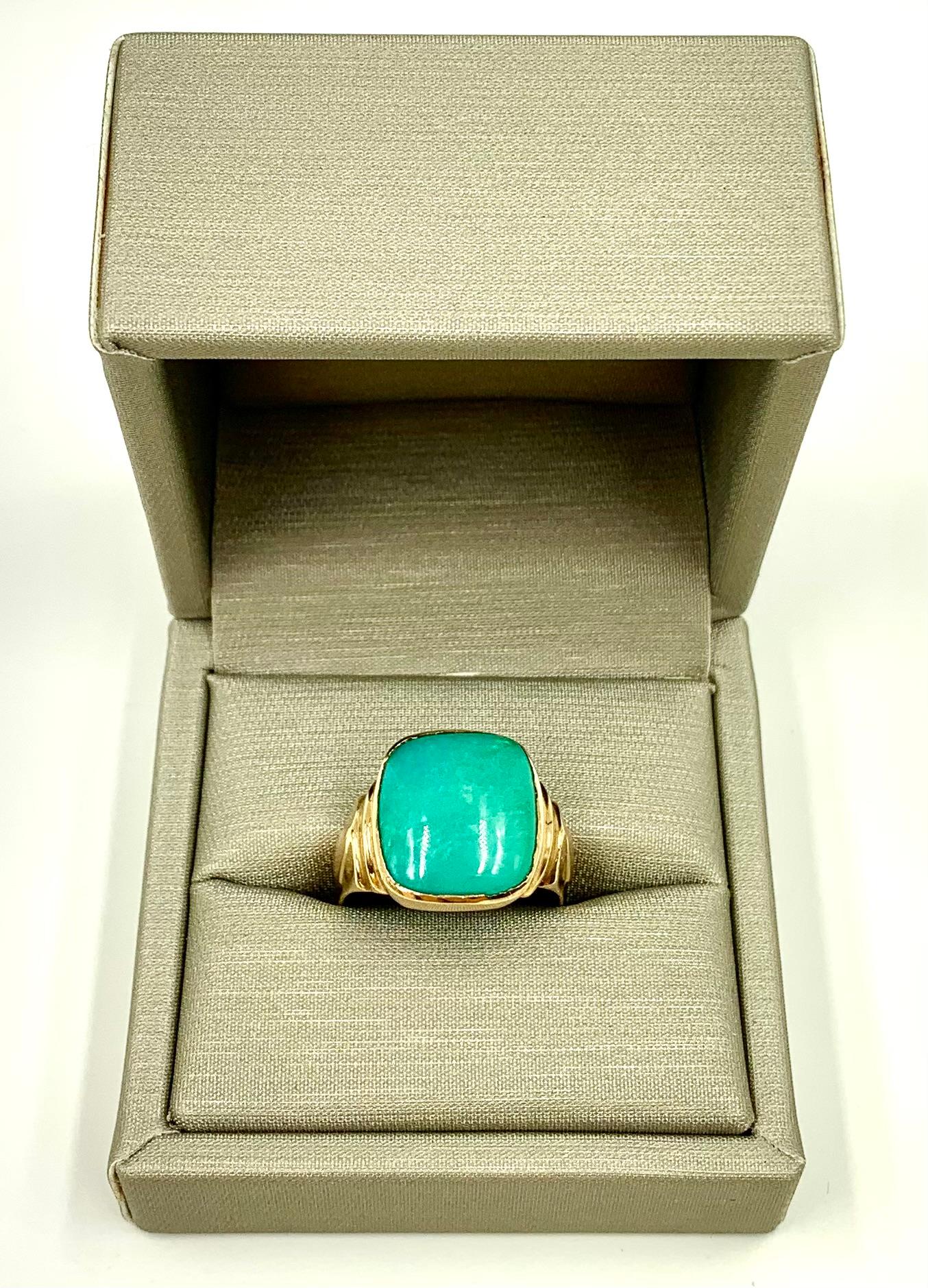 Large Art Deco Natural Turquoise 14K Yellow Gold Signet Ring 6
