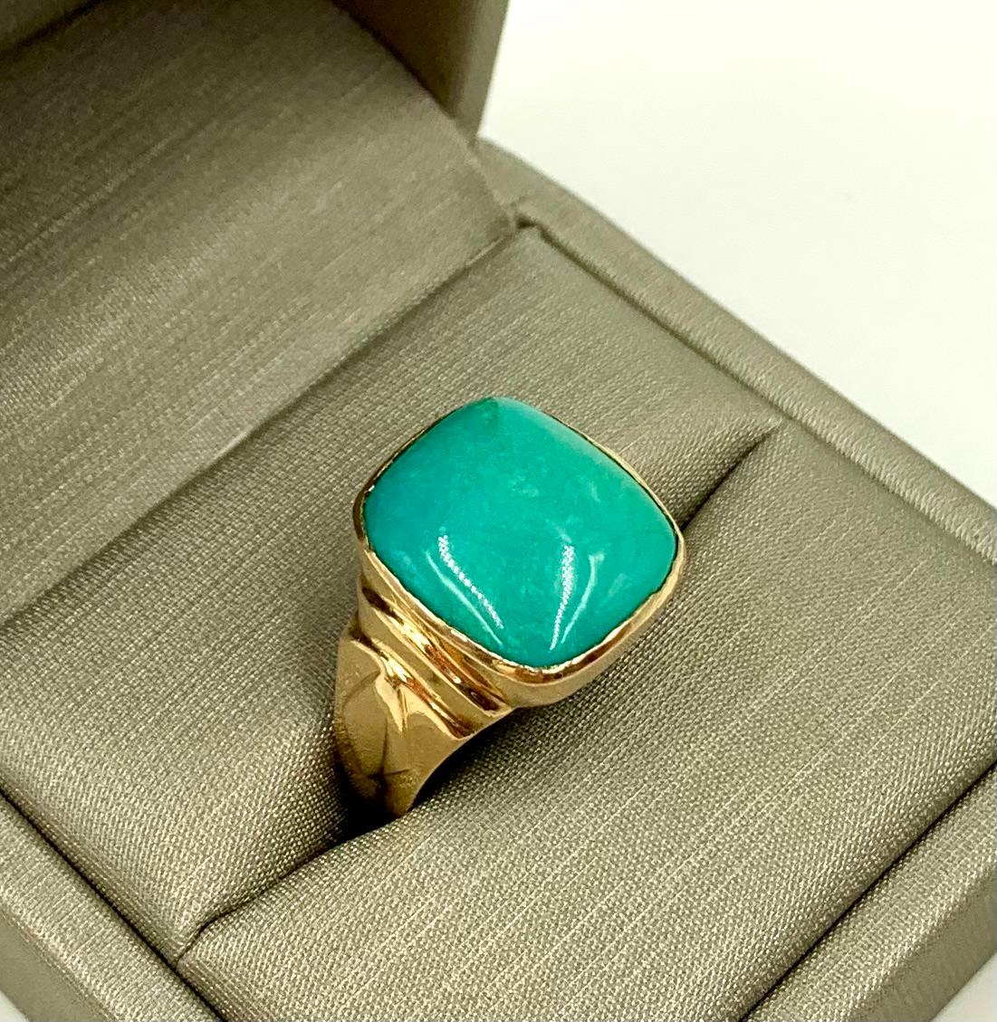 Large Art Deco Natural Turquoise 14K Yellow Gold Signet Ring In Good Condition In New York, NY