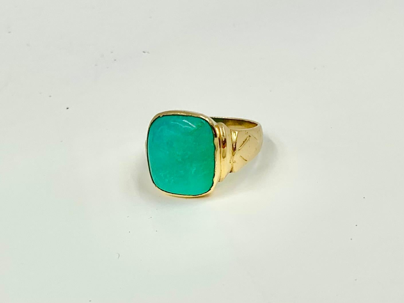Women's or Men's Large Art Deco Natural Turquoise 14K Yellow Gold Signet Ring