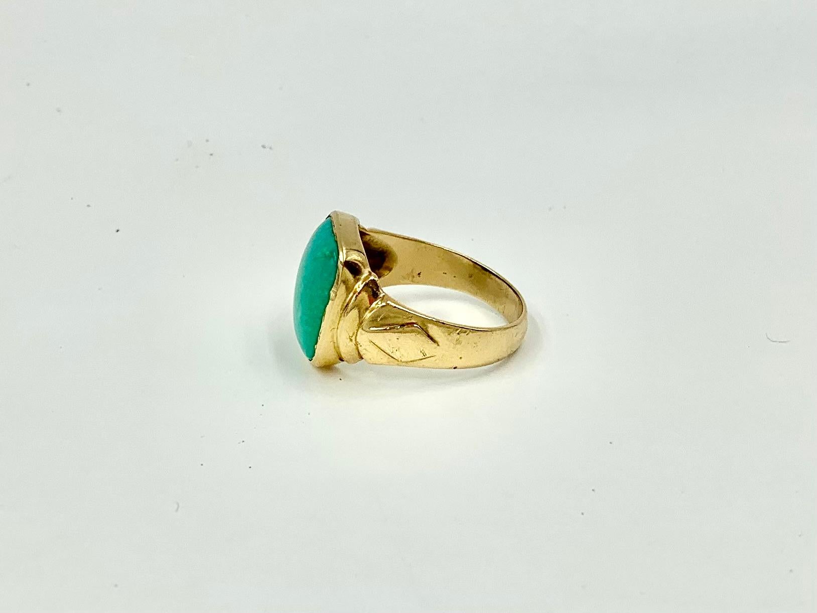 Large Art Deco Natural Turquoise 14K Yellow Gold Signet Ring 1