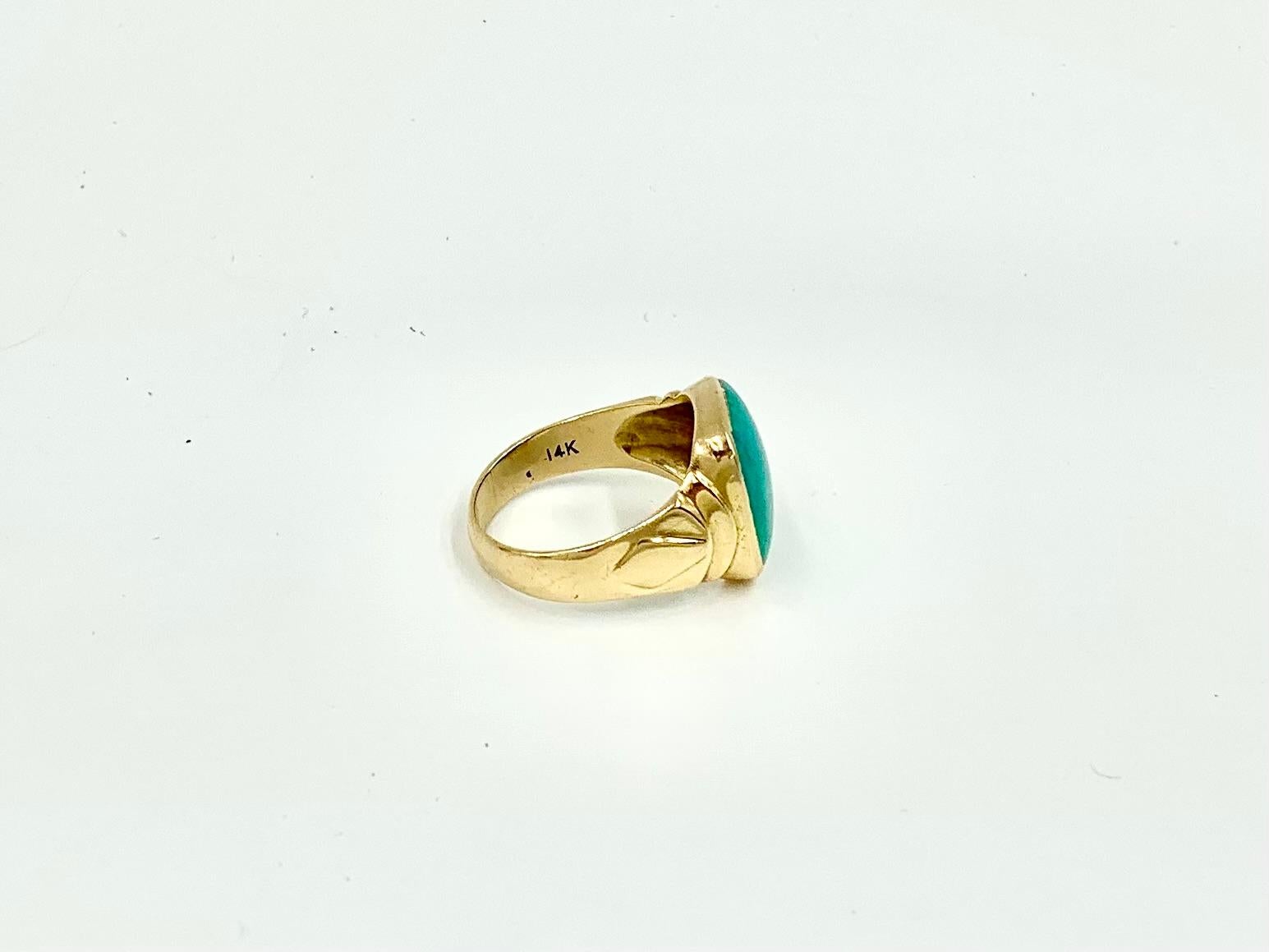 Large Art Deco Natural Turquoise 14K Yellow Gold Signet Ring 3