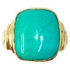 Large Art Deco Natural Turquoise 14K Yellow Gold Signet Ring
