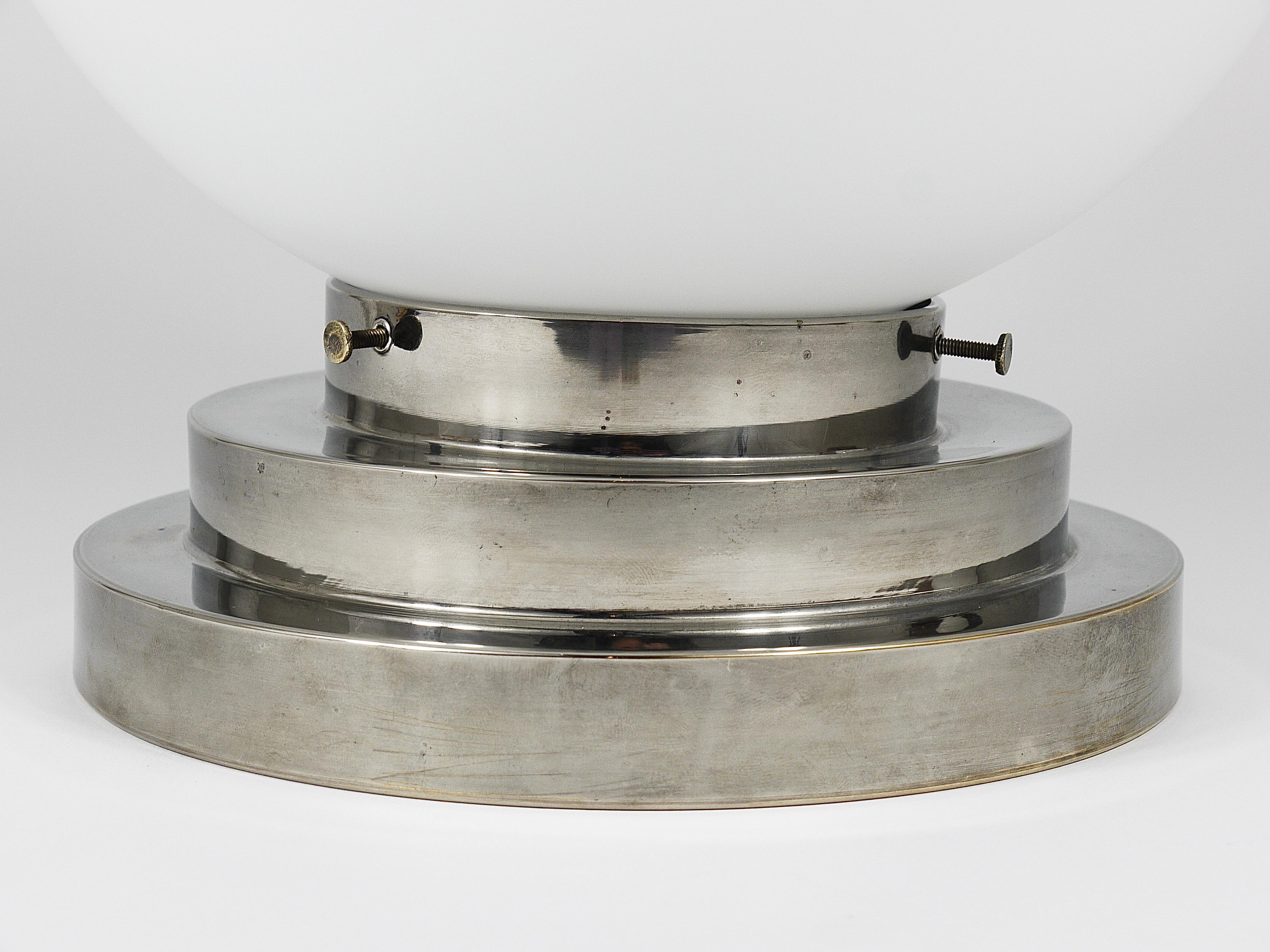 Large Art Deco Nickel Opaline Glass Globe Ceiling Lamp / Flush Mount, 1930s For Sale 5