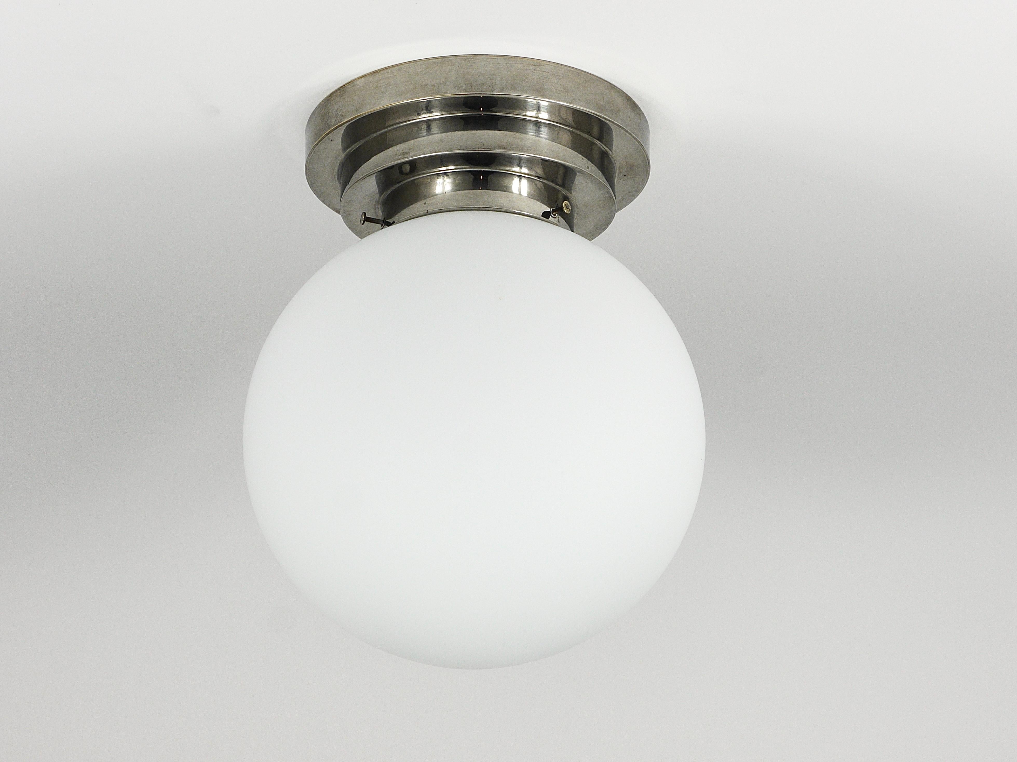 Large Art Deco Nickel Opaline Glass Globe Ceiling Lamp / Flush Mount, 1930s For Sale 7