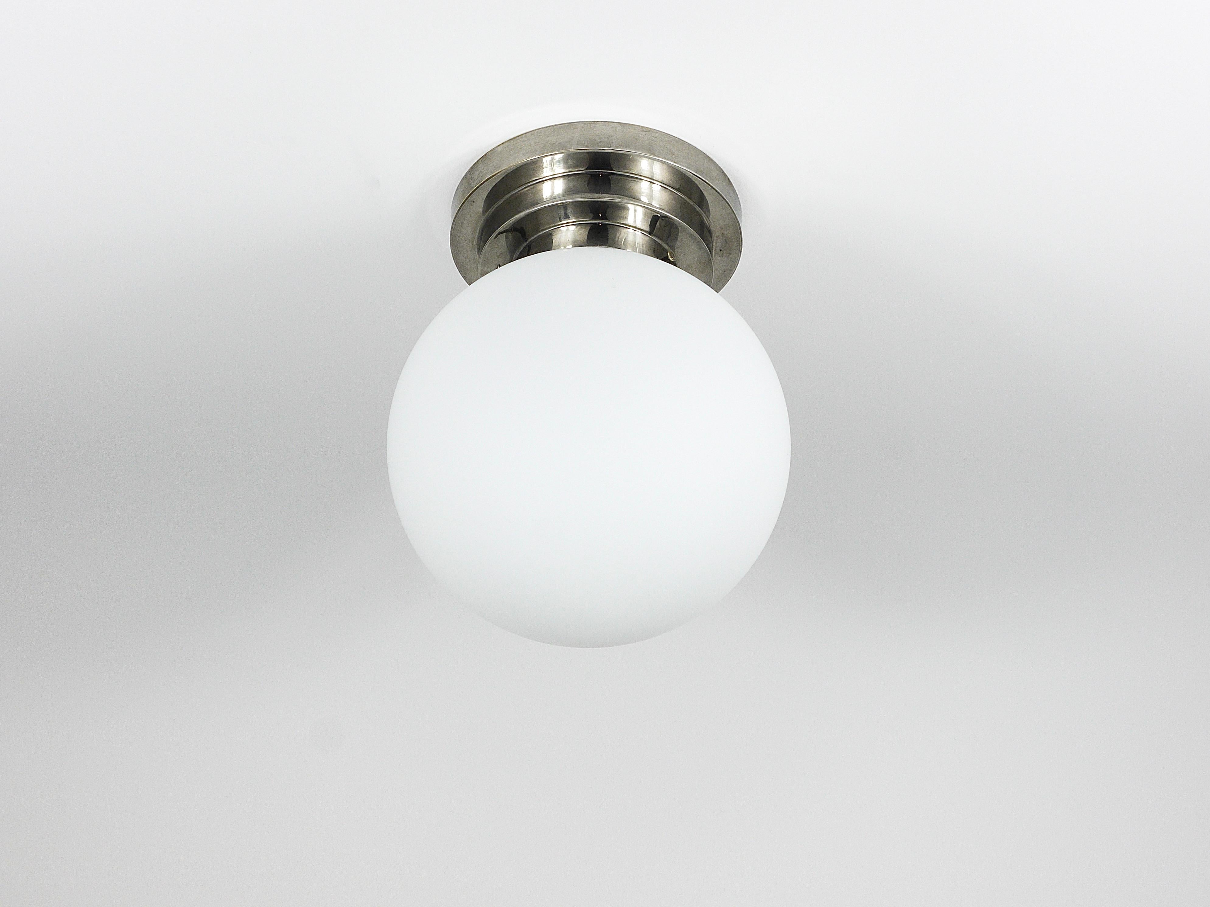 Large Art Deco Nickel Opaline Glass Globe Ceiling Lamp / Flush Mount, 1930s For Sale 8