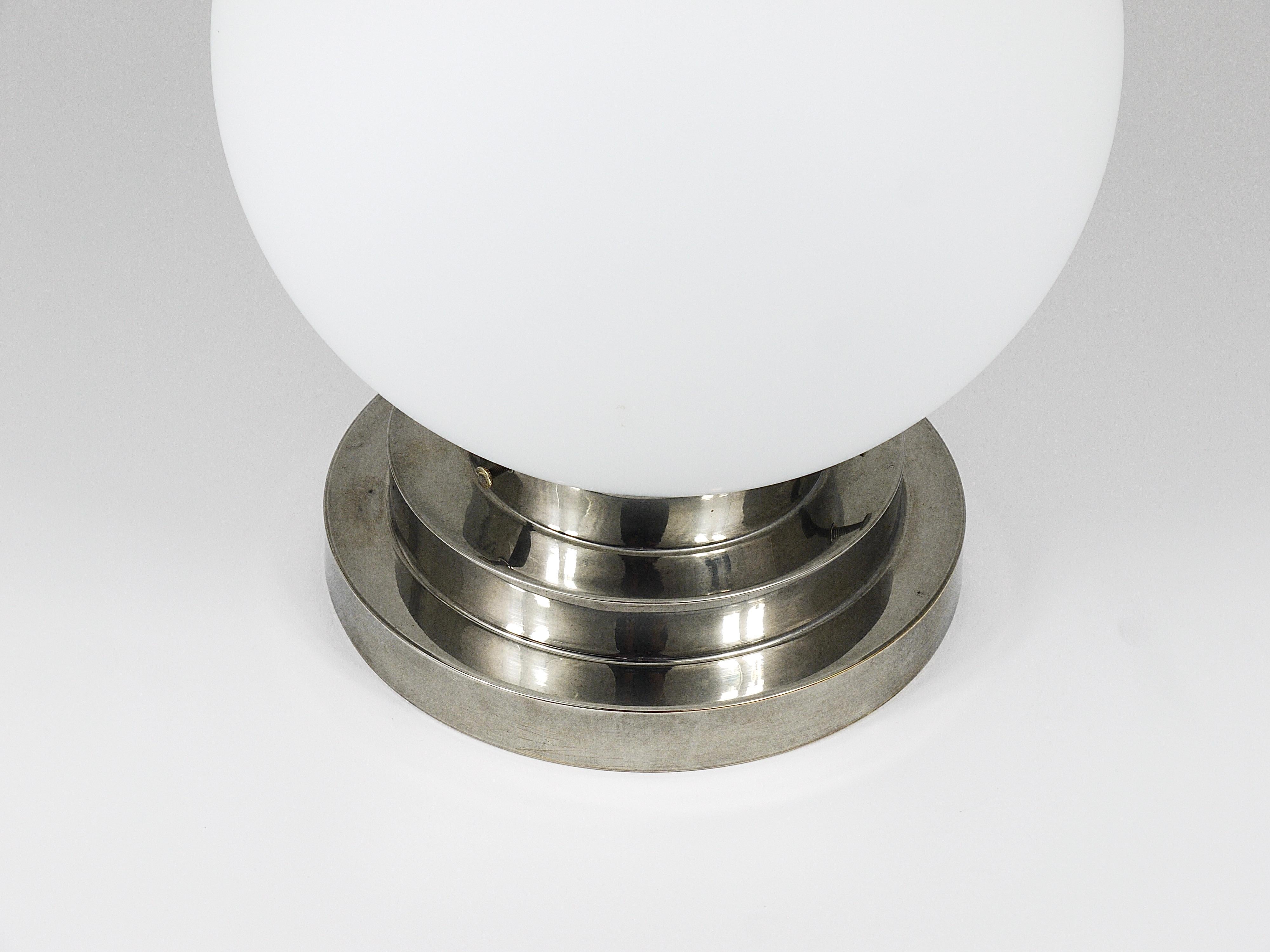 Large Art Deco Nickel Opaline Glass Globe Ceiling Lamp / Flush Mount, 1930s For Sale 9