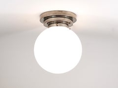 Large Art Deco Nickel Opaline Glass Globe Ceiling Lamp / Flush Mount, 1930s