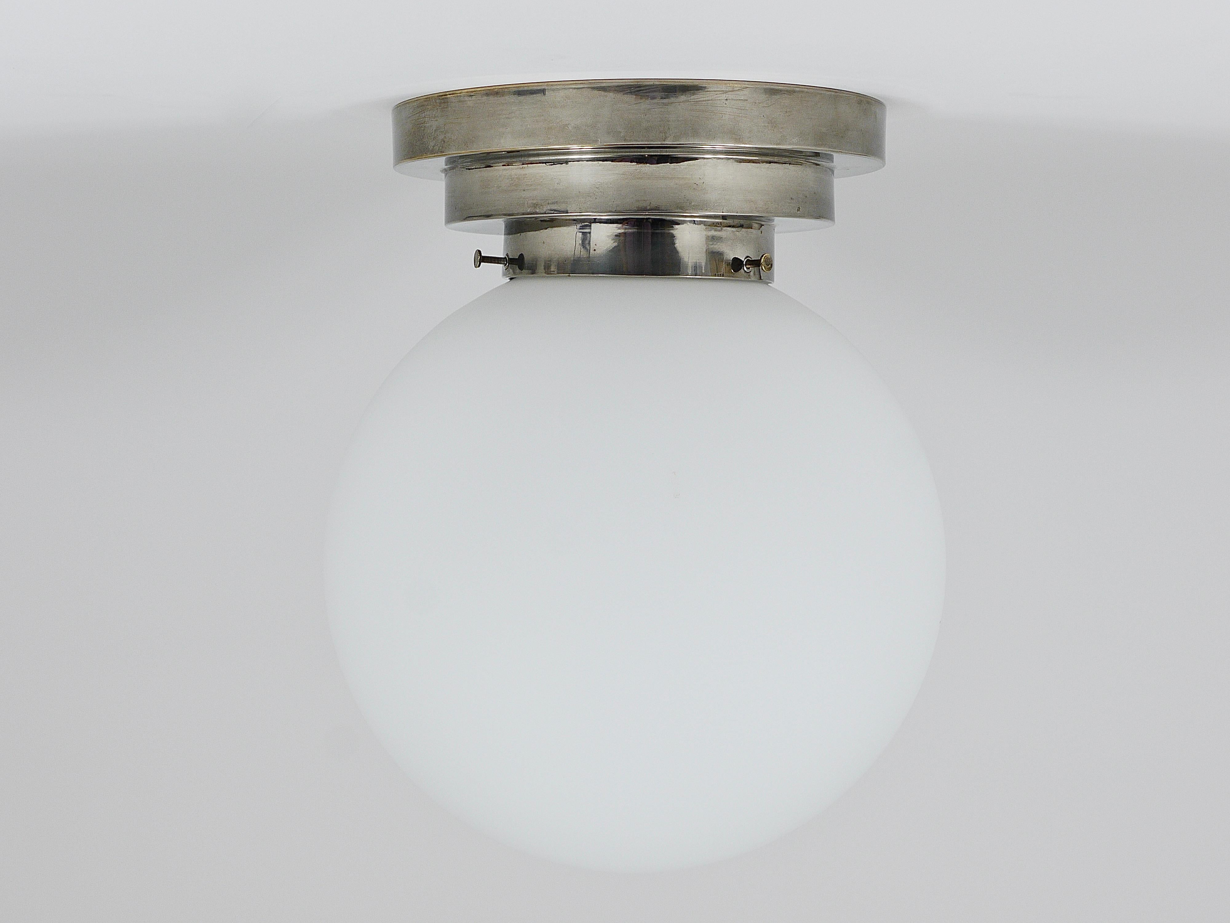 German Large Art Deco Nickel Opaline Glass Globe Ceiling Lamp / Flush Mount, 1930s For Sale