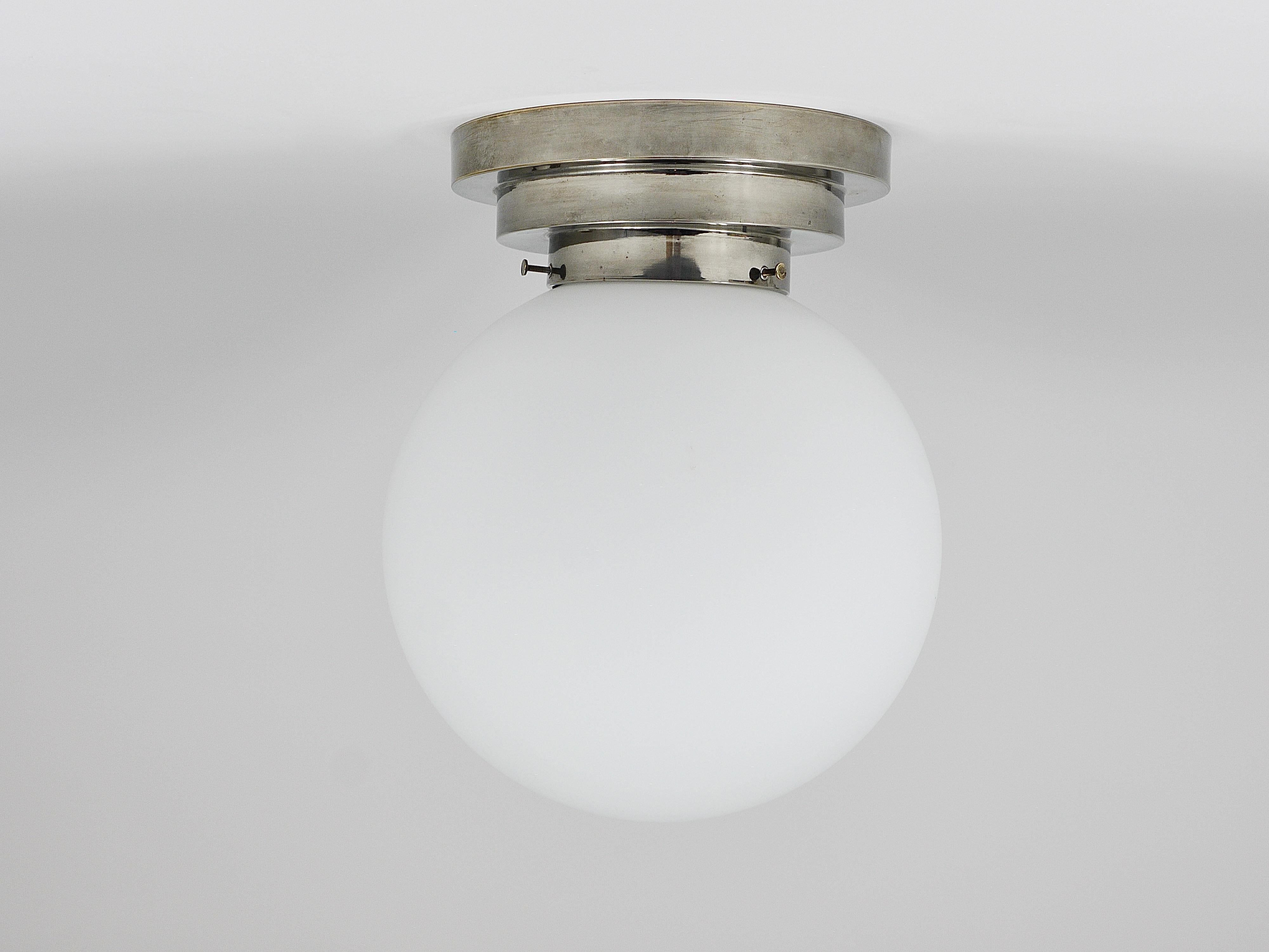 Mid-20th Century Large Art Deco Nickel Opaline Glass Globe Ceiling Lamp / Flush Mount, 1930s For Sale