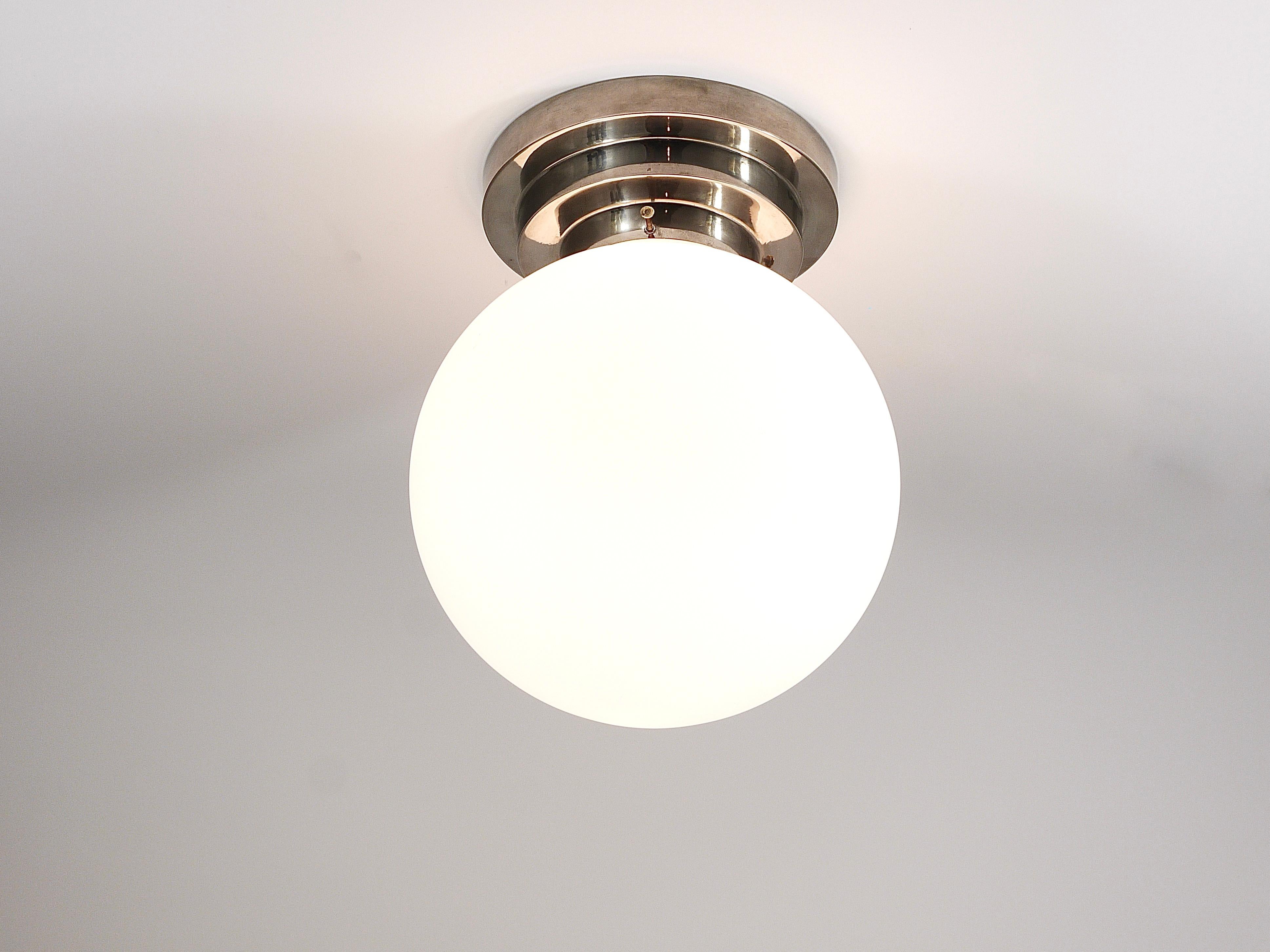 Large Art Deco Nickel Opaline Glass Globe Ceiling Lamp / Flush Mount, 1930s For Sale 1