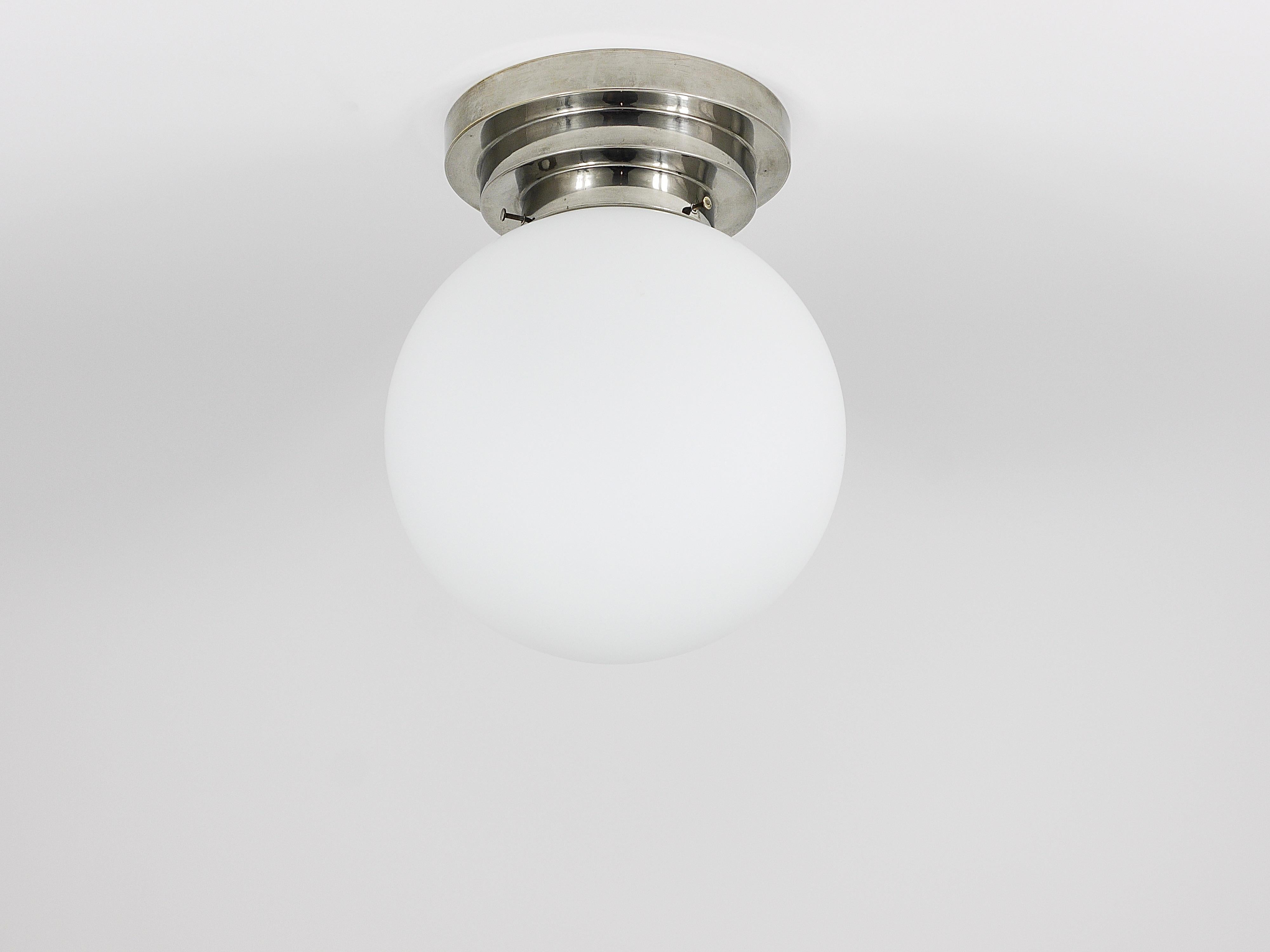 Large Art Deco Nickel Opaline Glass Globe Ceiling Lamp / Flush Mount, 1930s For Sale 2
