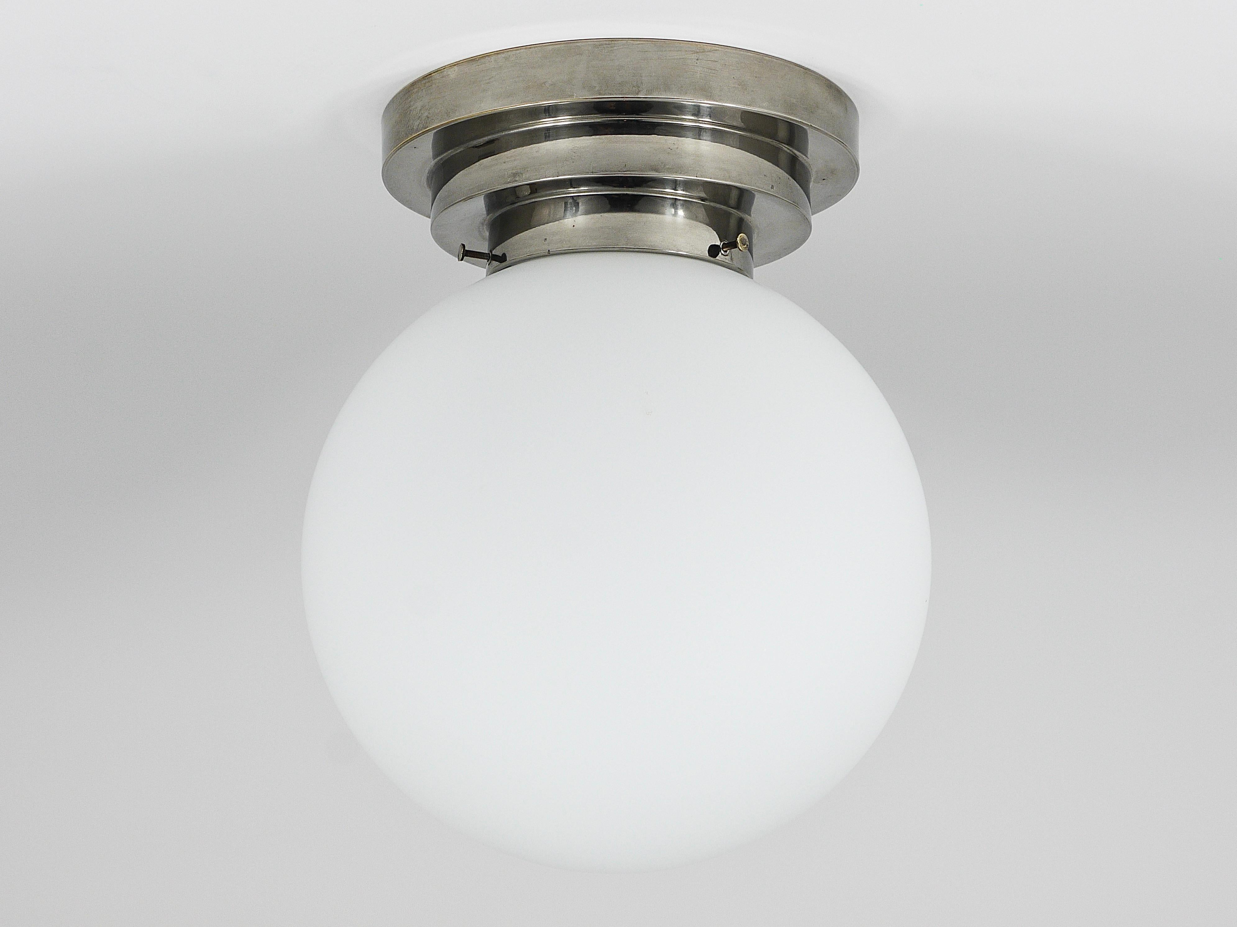 Large Art Deco Nickel Opaline Glass Globe Ceiling Lamp / Flush Mount, 1930s For Sale 3
