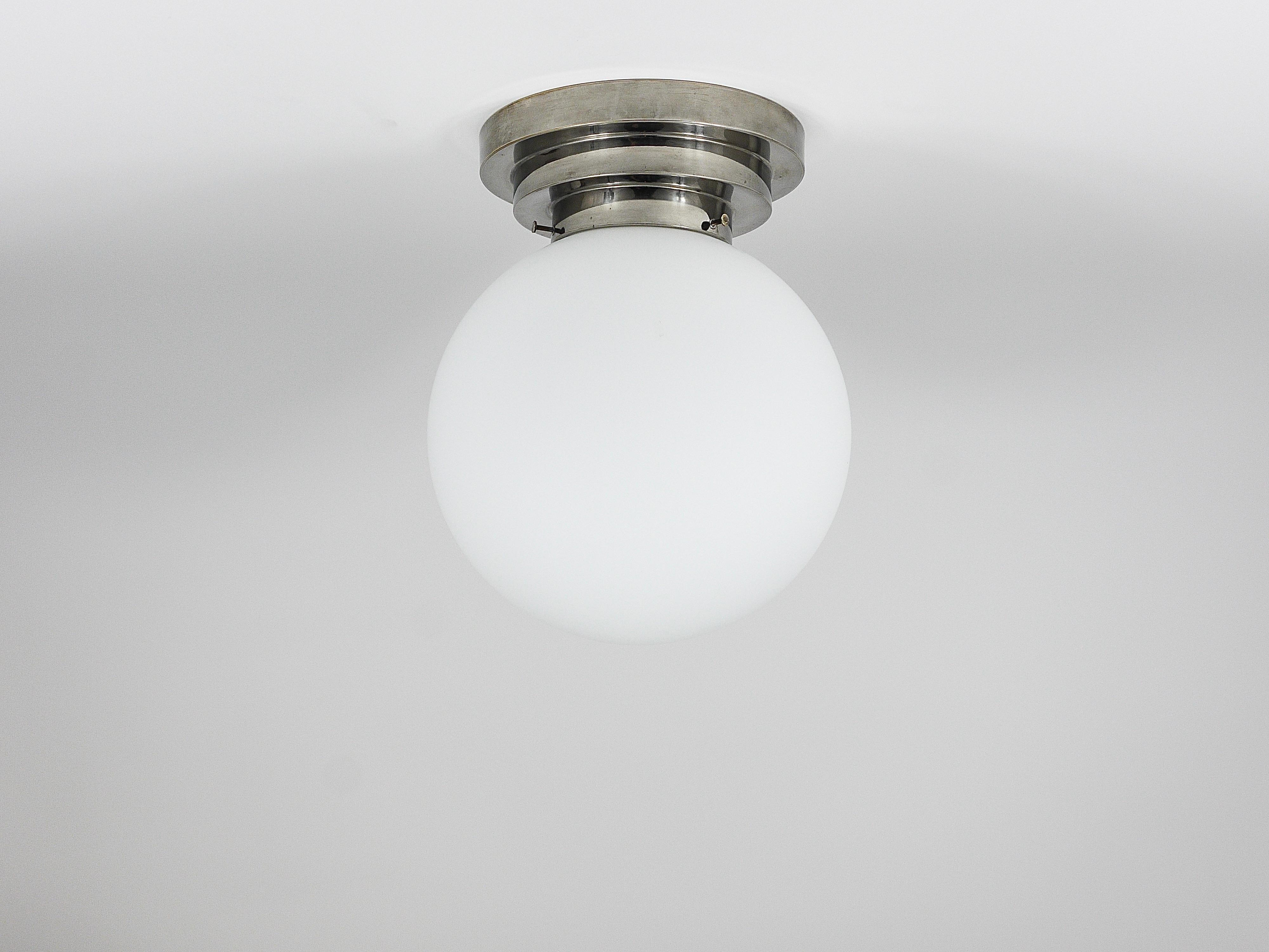 Large Art Deco Nickel Opaline Glass Globe Ceiling Lamp / Flush Mount, 1930s For Sale 4