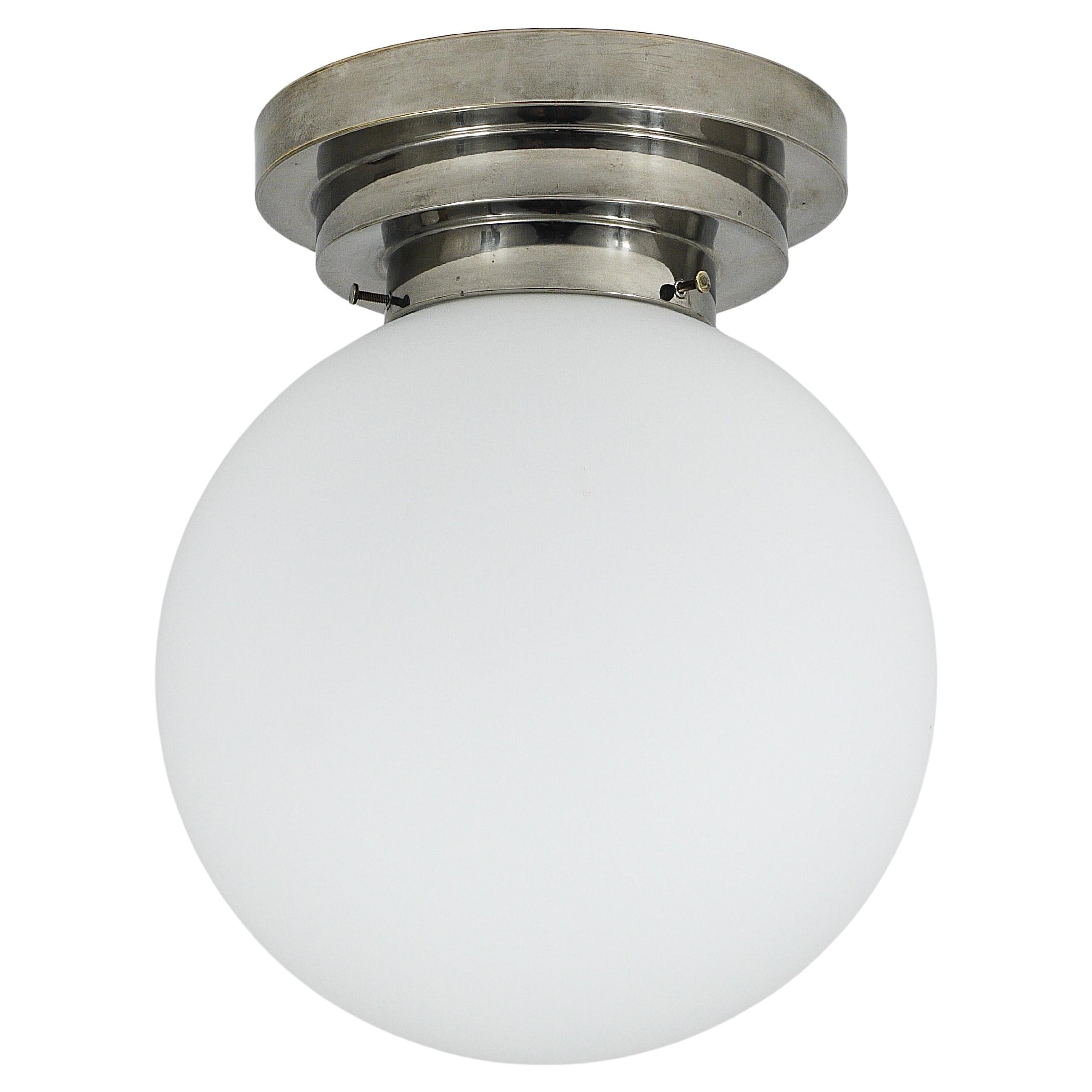 Large Art Deco Nickel Opaline Glass Globe Ceiling Lamp / Flush Mount, 1930s