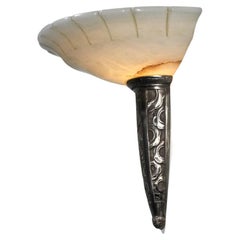 Large art deco nickel-plated bronze and alabaster sconce from the 1930s