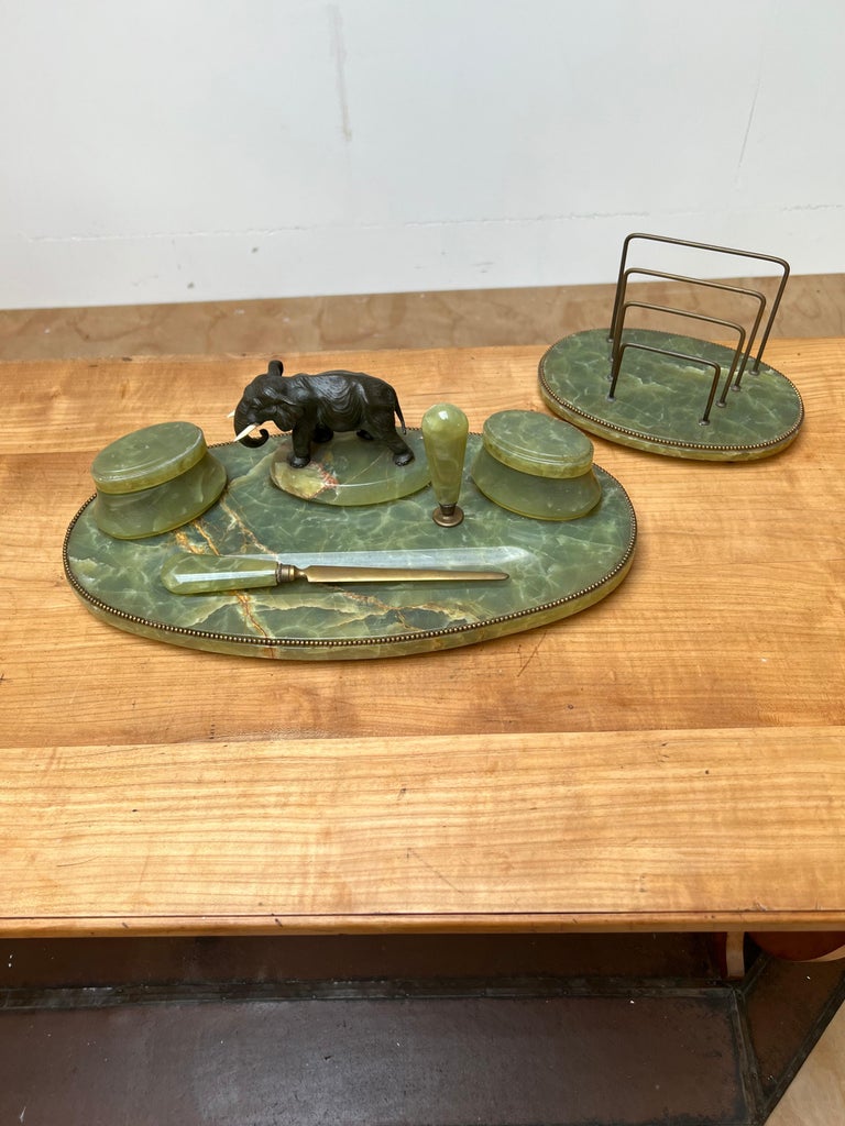 Large Art Deco Onyx & Bronze Elephant Desk Inkstand Set w. Letter Opener & Stamp For Sale 4