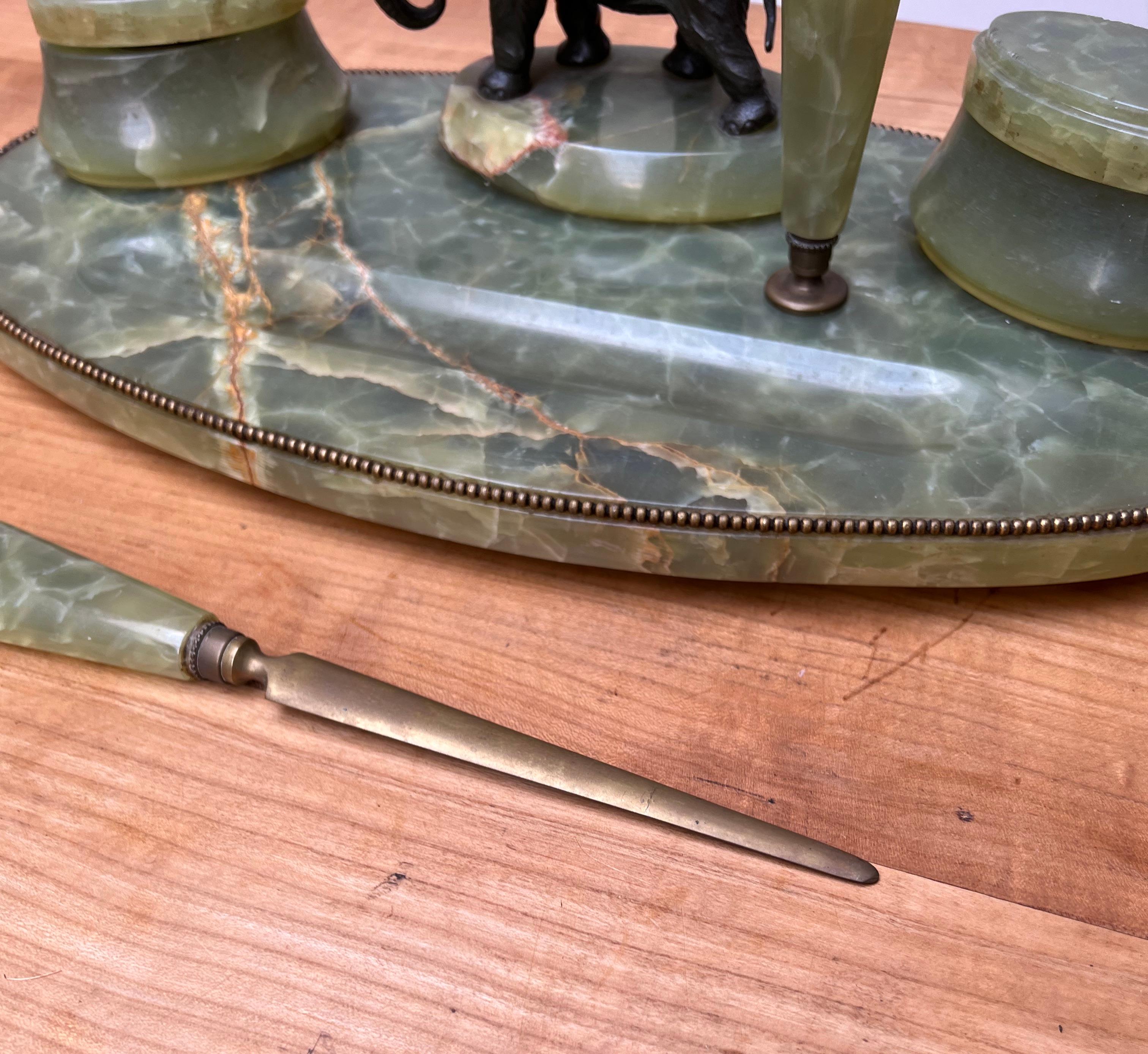 Large Art Deco Onyx & Bronze Elephant Desk Inkstand Set w. Letter Opener & Stamp 9