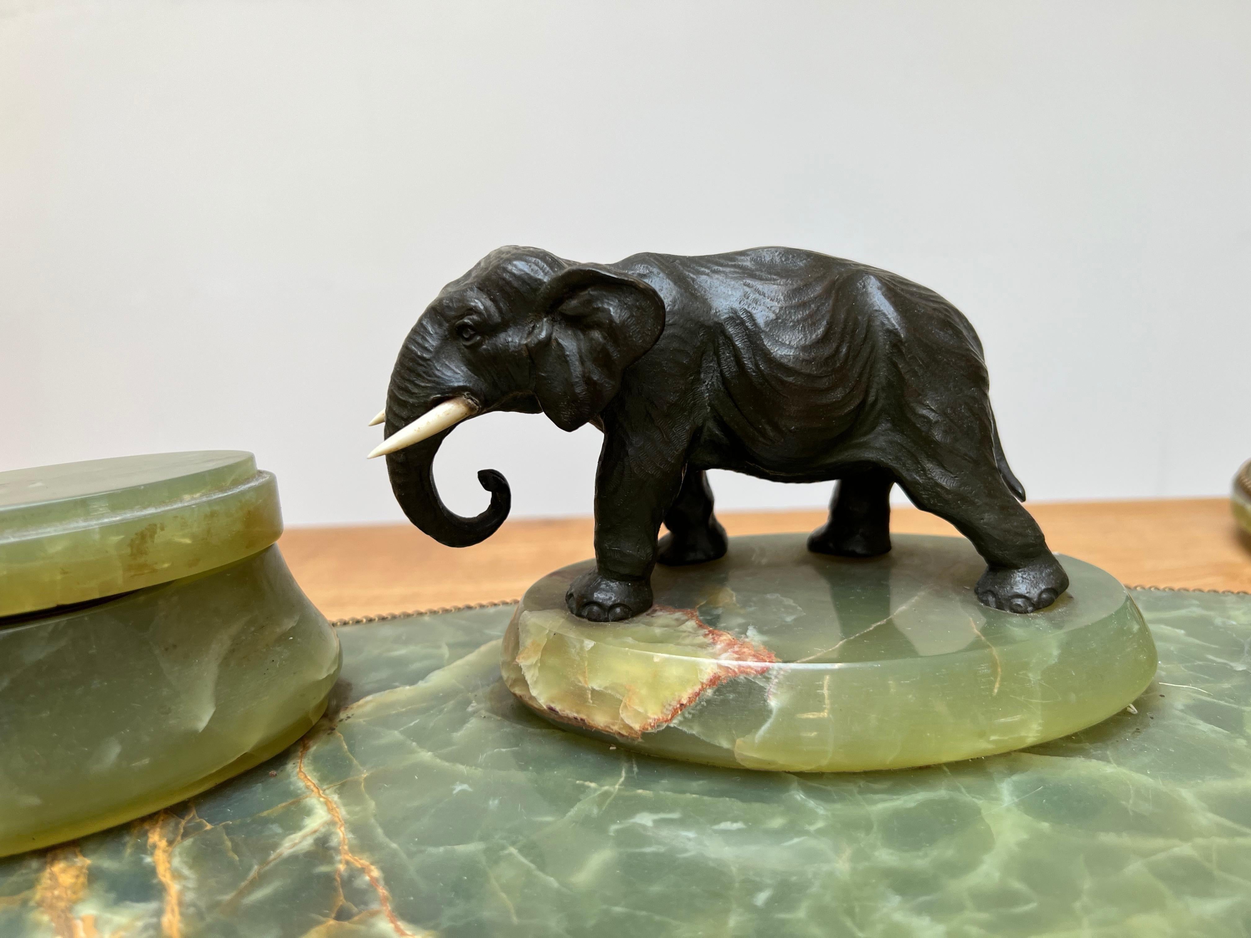 Large Art Deco Onyx & Bronze Elephant Desk Inkstand Set w. Letter Opener & Stamp 13