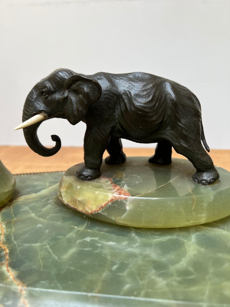 French Large Art Deco Onyx & Bronze Elephant Desk Inkstand Set w. Letter Opener & Stamp For Sale