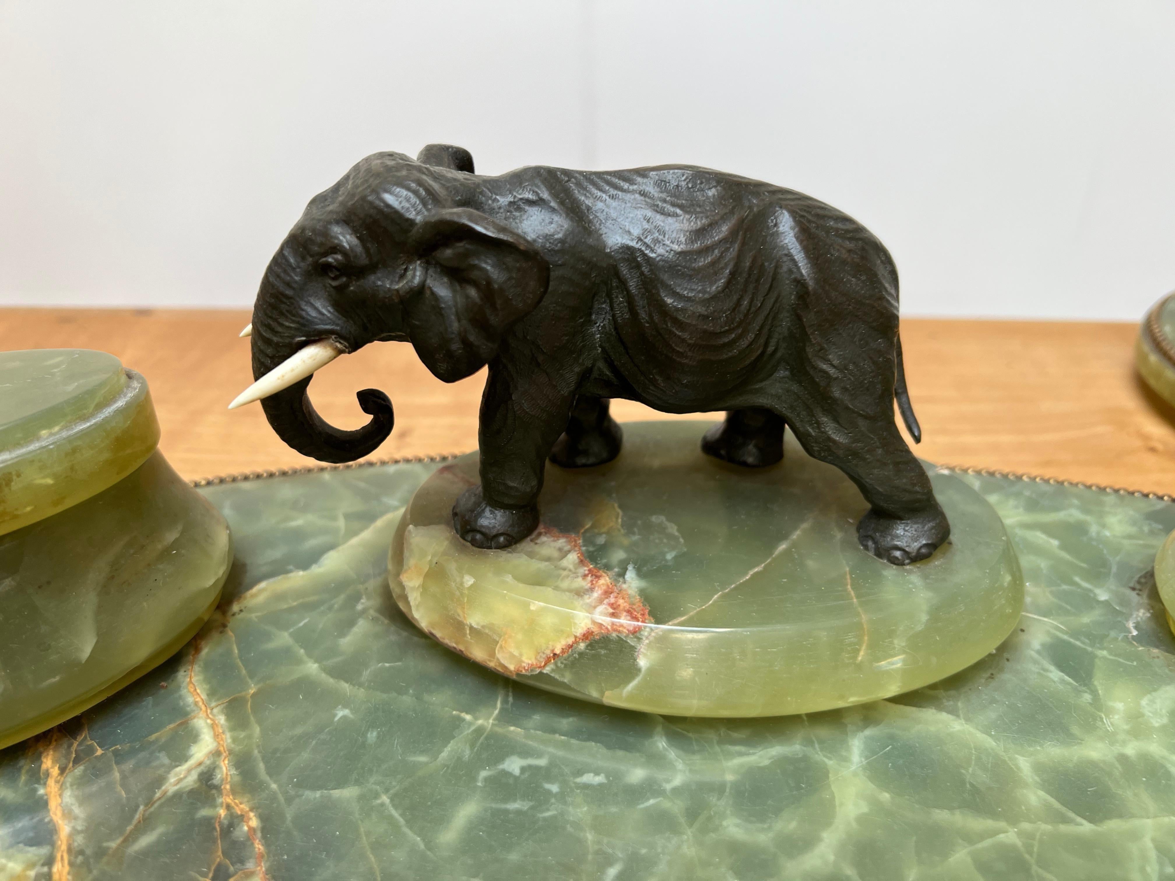 Hand-Crafted Large Art Deco Onyx & Bronze Elephant Desk Inkstand Set w. Letter Opener & Stamp